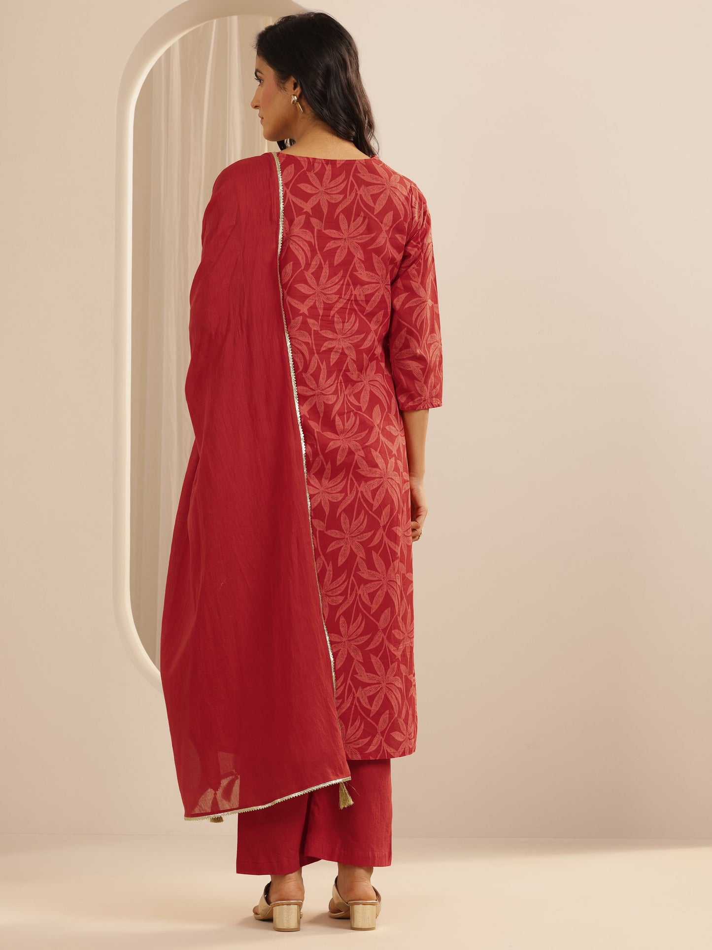 Red Printed Cotton Straight Suit Set With Dupatta