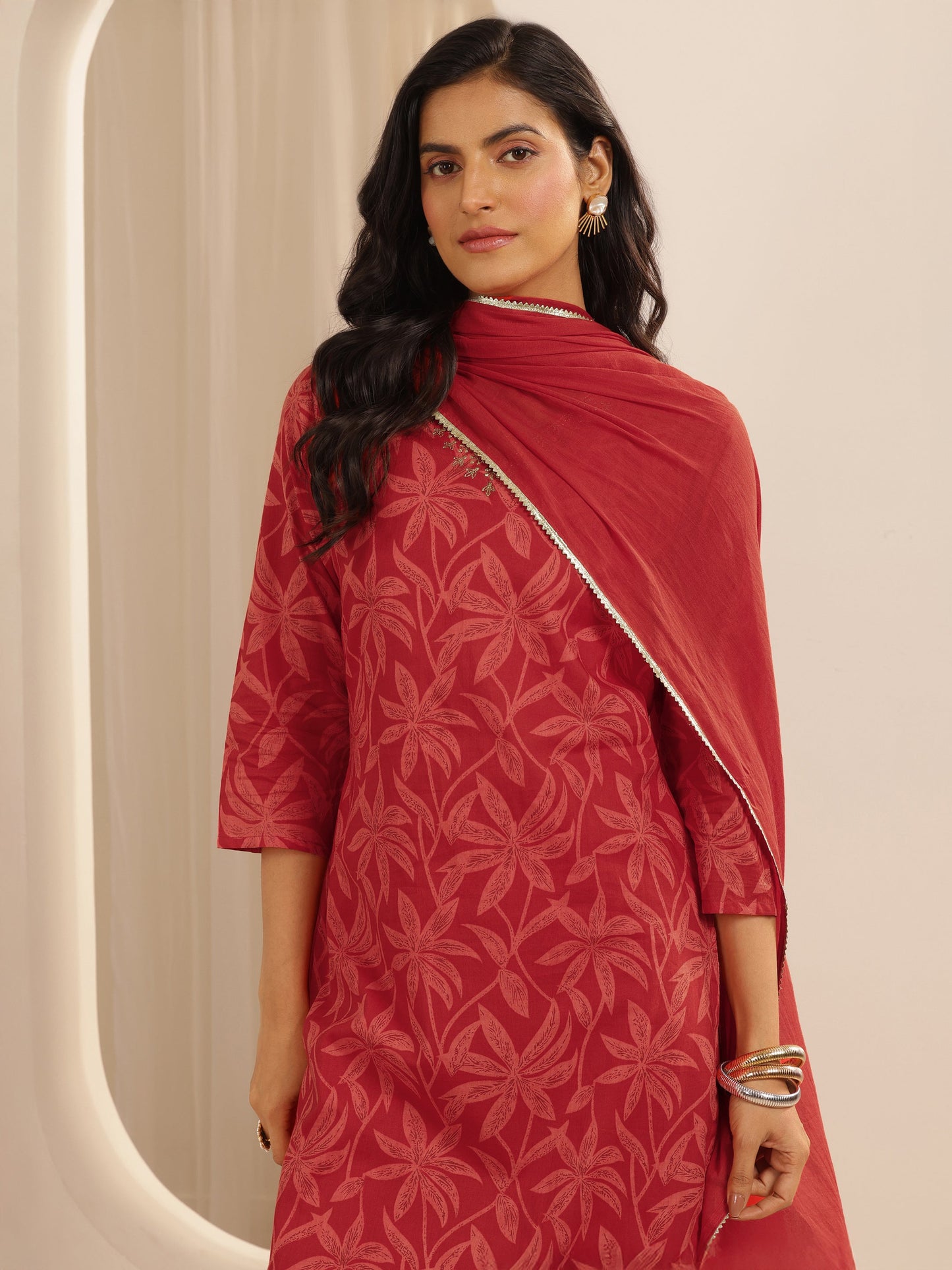 Red Printed Cotton Straight Suit Set With Dupatta