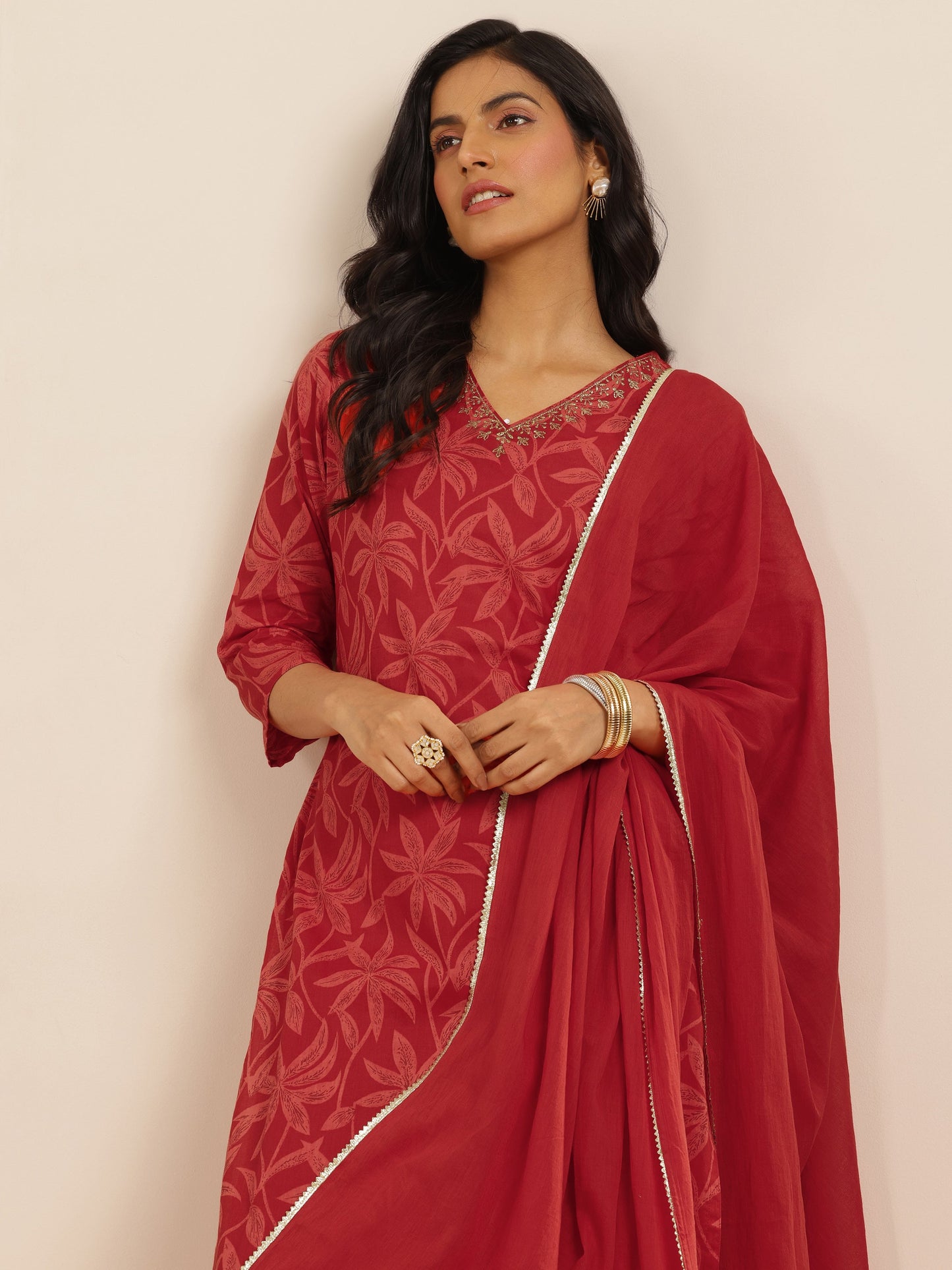 Red Printed Cotton Straight Suit Set With Dupatta
