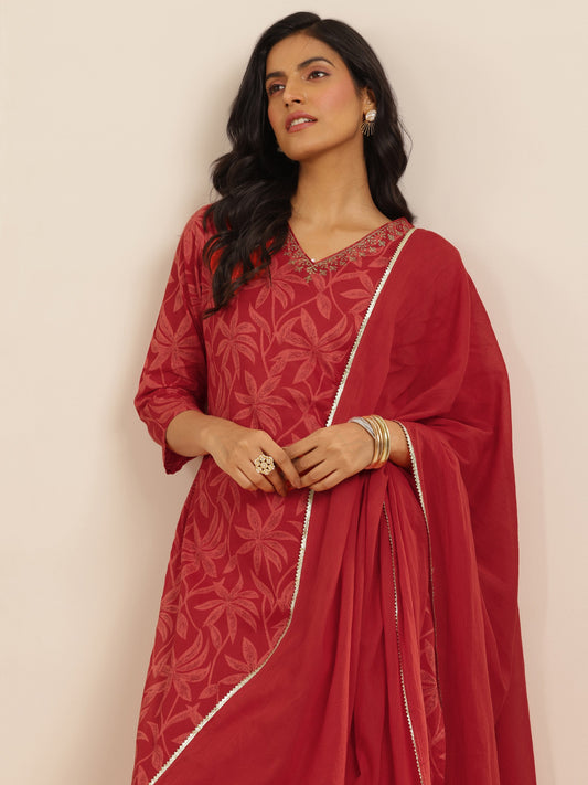 Red Printed Cotton Straight Suit Set With Dupatta