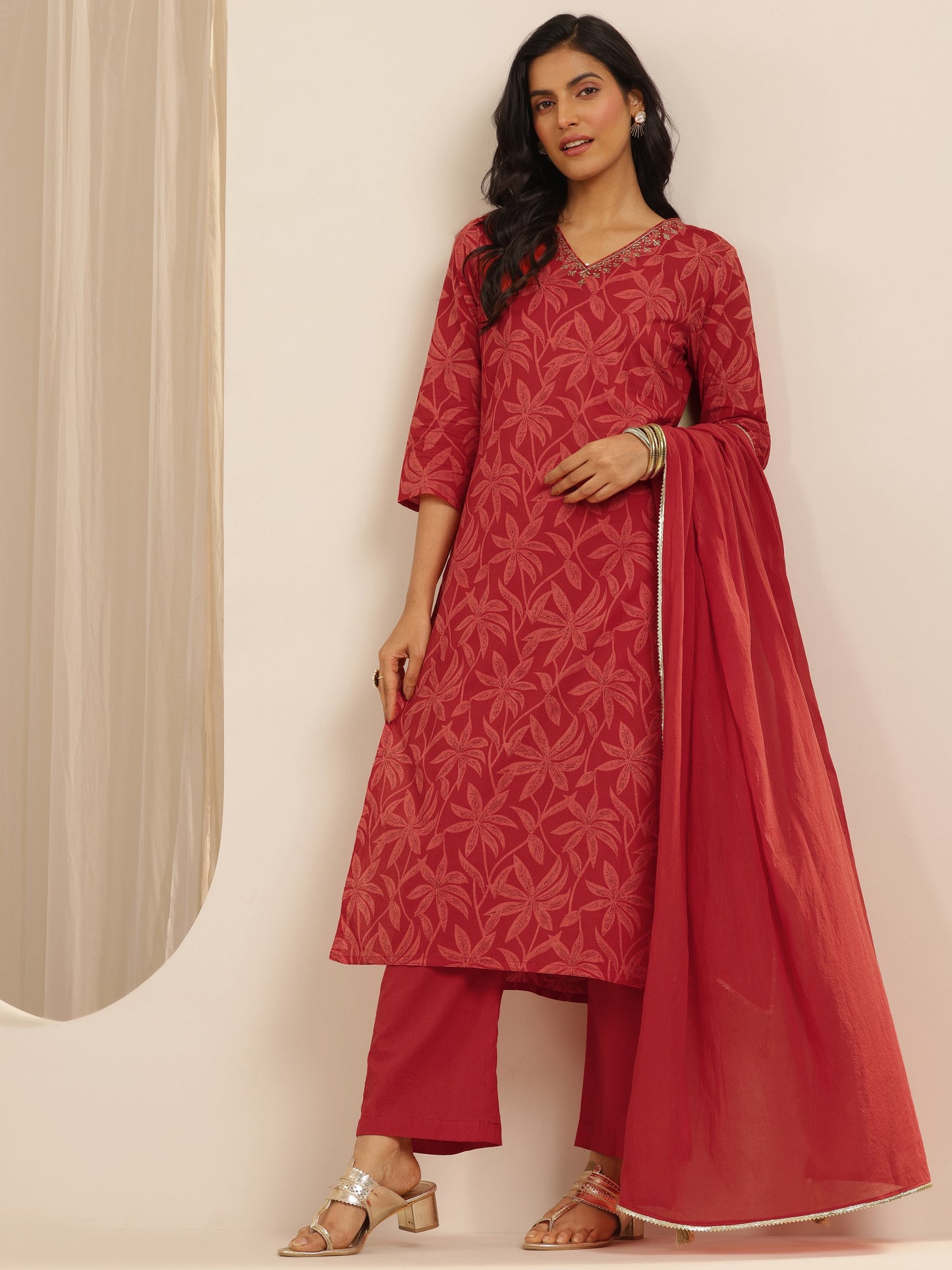 Red Printed Cotton Straight Suit Set With Dupatta