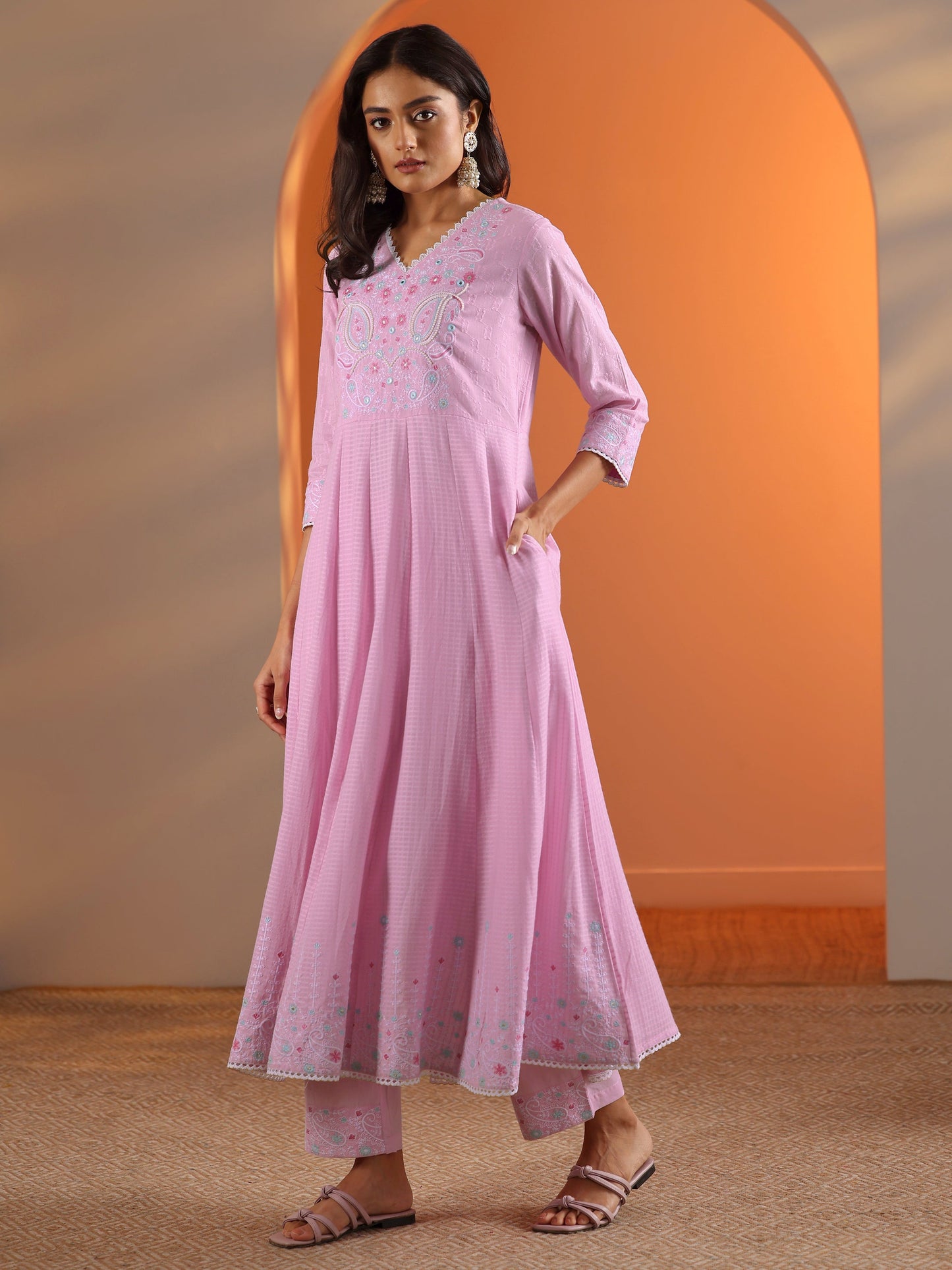 Lavender Embroidered Cotton Anarkali Suit Set With Dupatta