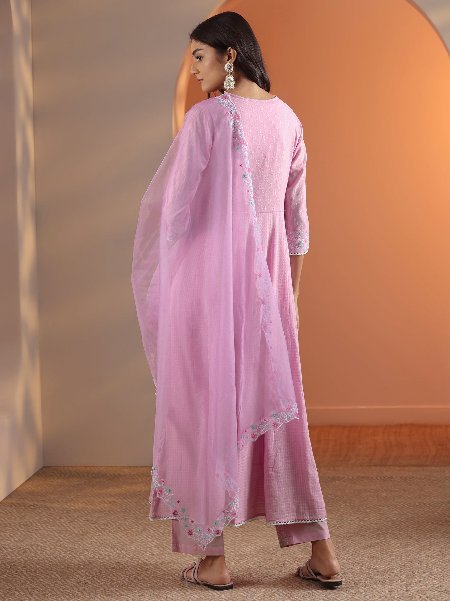 Lavender Embroidered Cotton Anarkali Suit Set With Dupatta