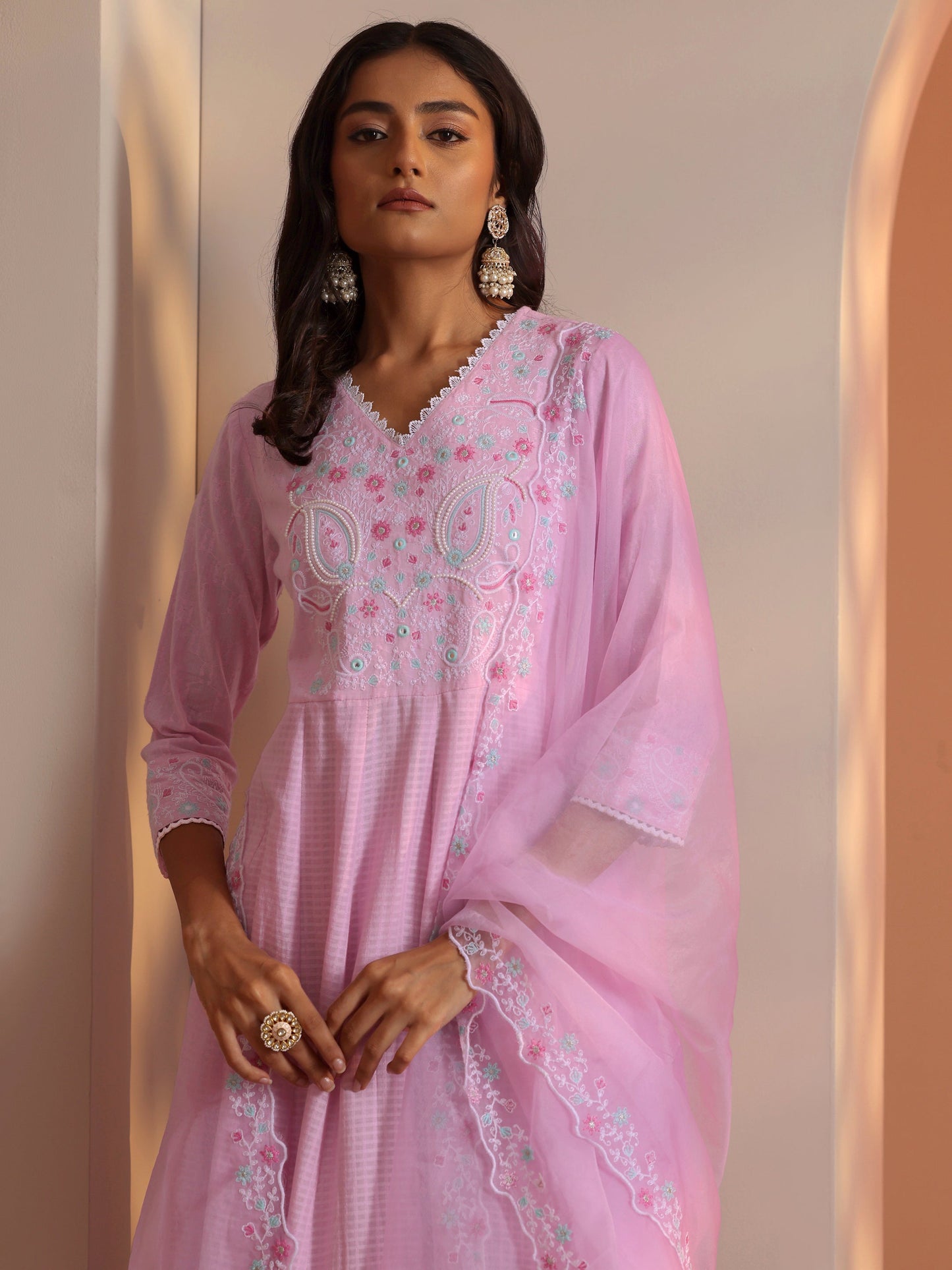 Lavender Embroidered Cotton Anarkali Suit Set With Dupatta