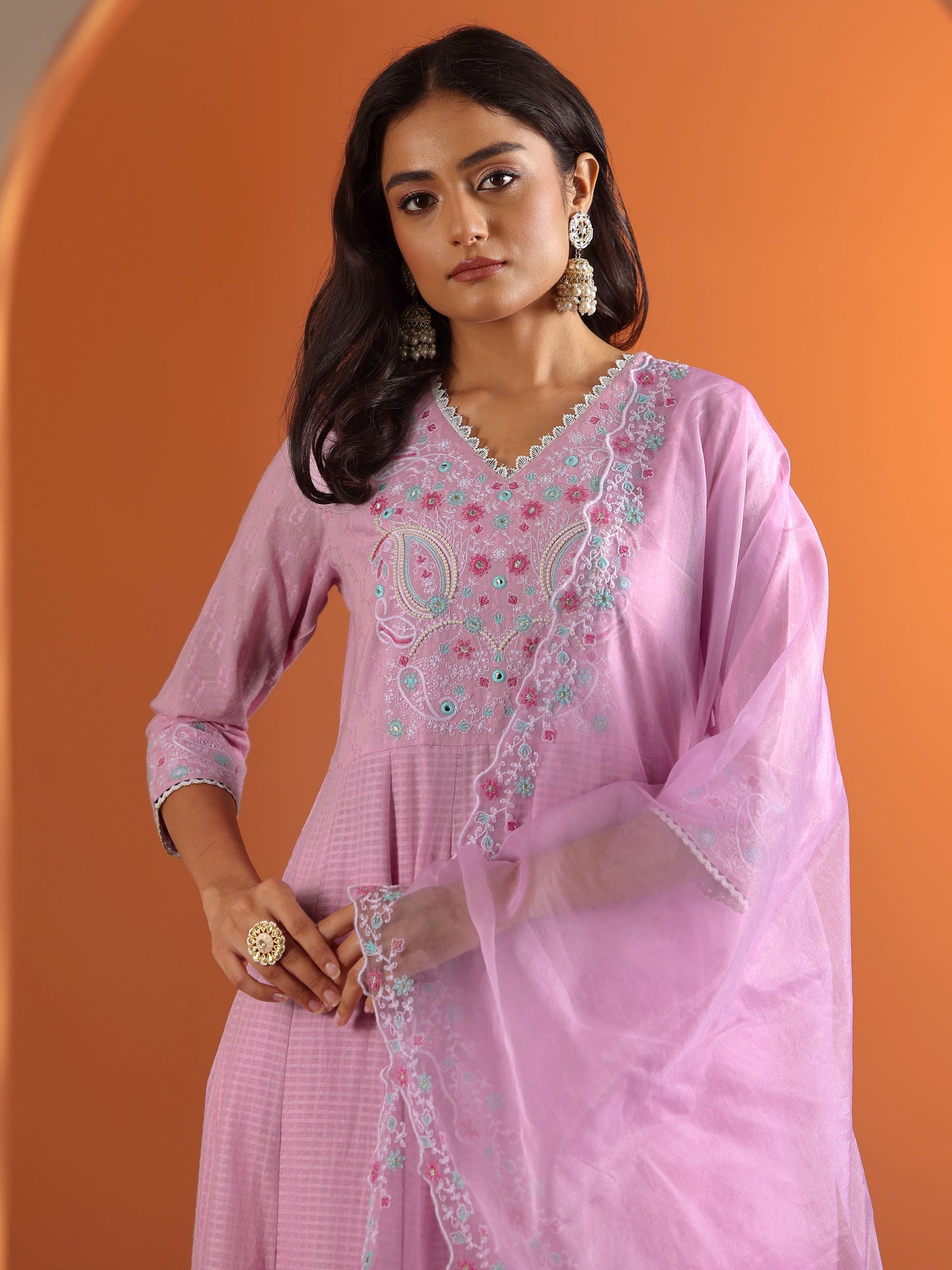 Lavender Embroidered Cotton Anarkali Suit Set With Dupatta