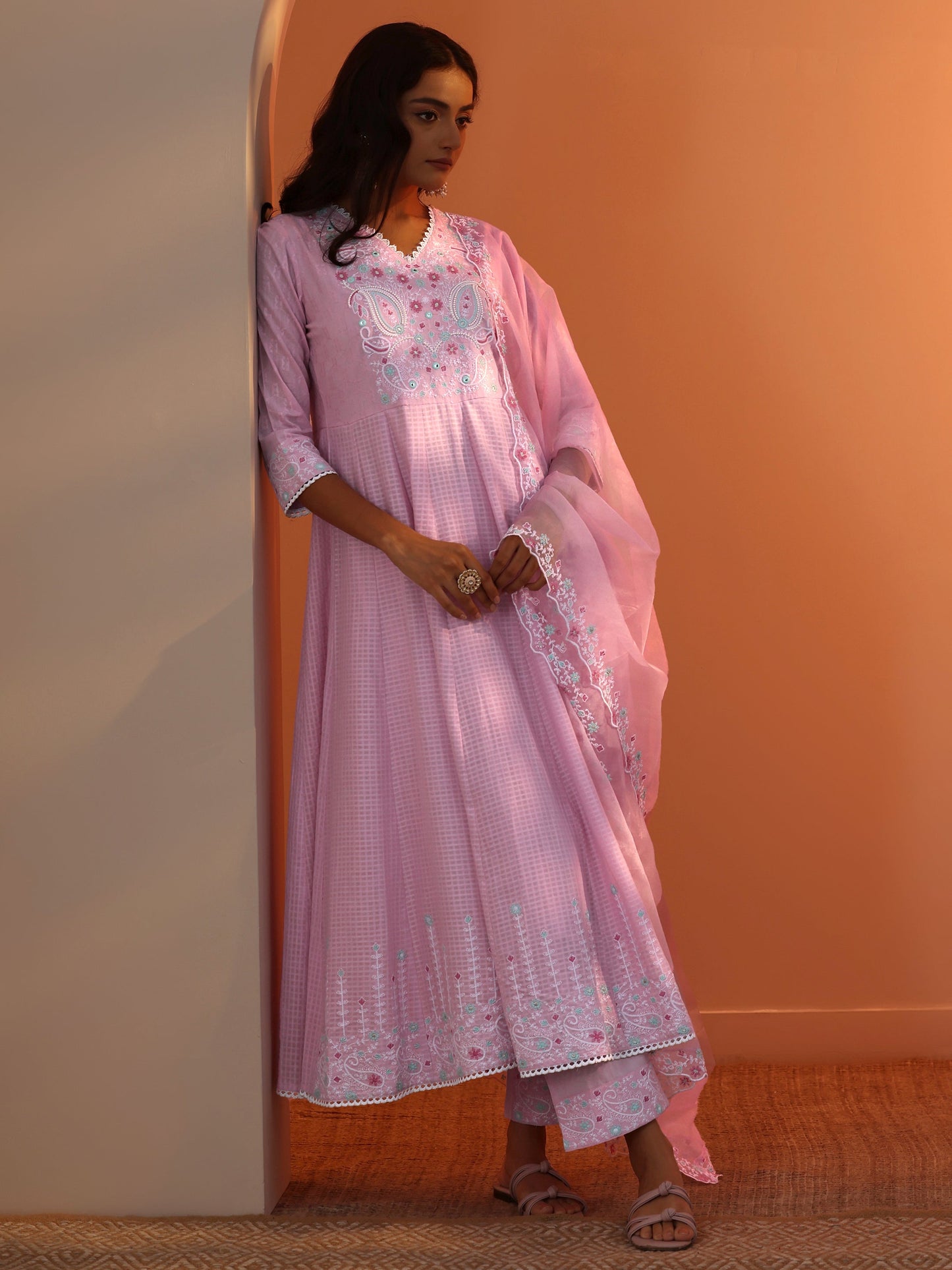 Lavender Embroidered Cotton Anarkali Suit Set With Dupatta