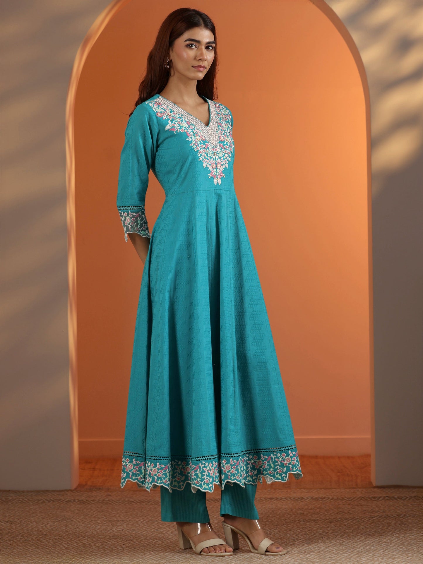 Blue Embroidered Cotton Anarkali Suit Set With Dupatta
