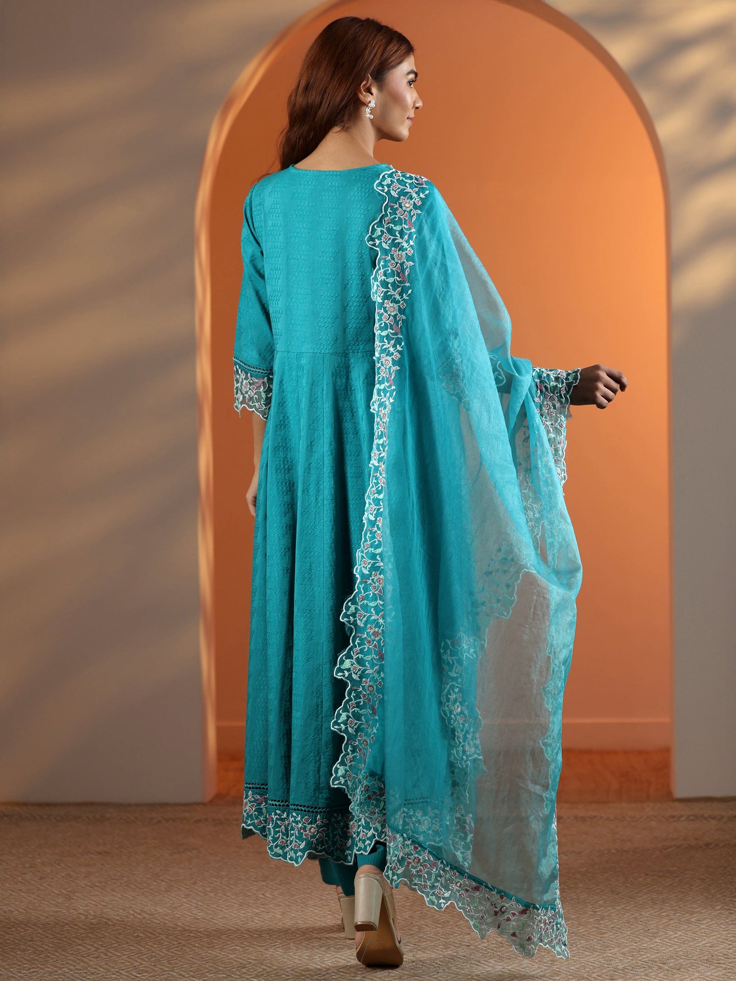 Blue Embroidered Cotton Anarkali Suit Set With Dupatta