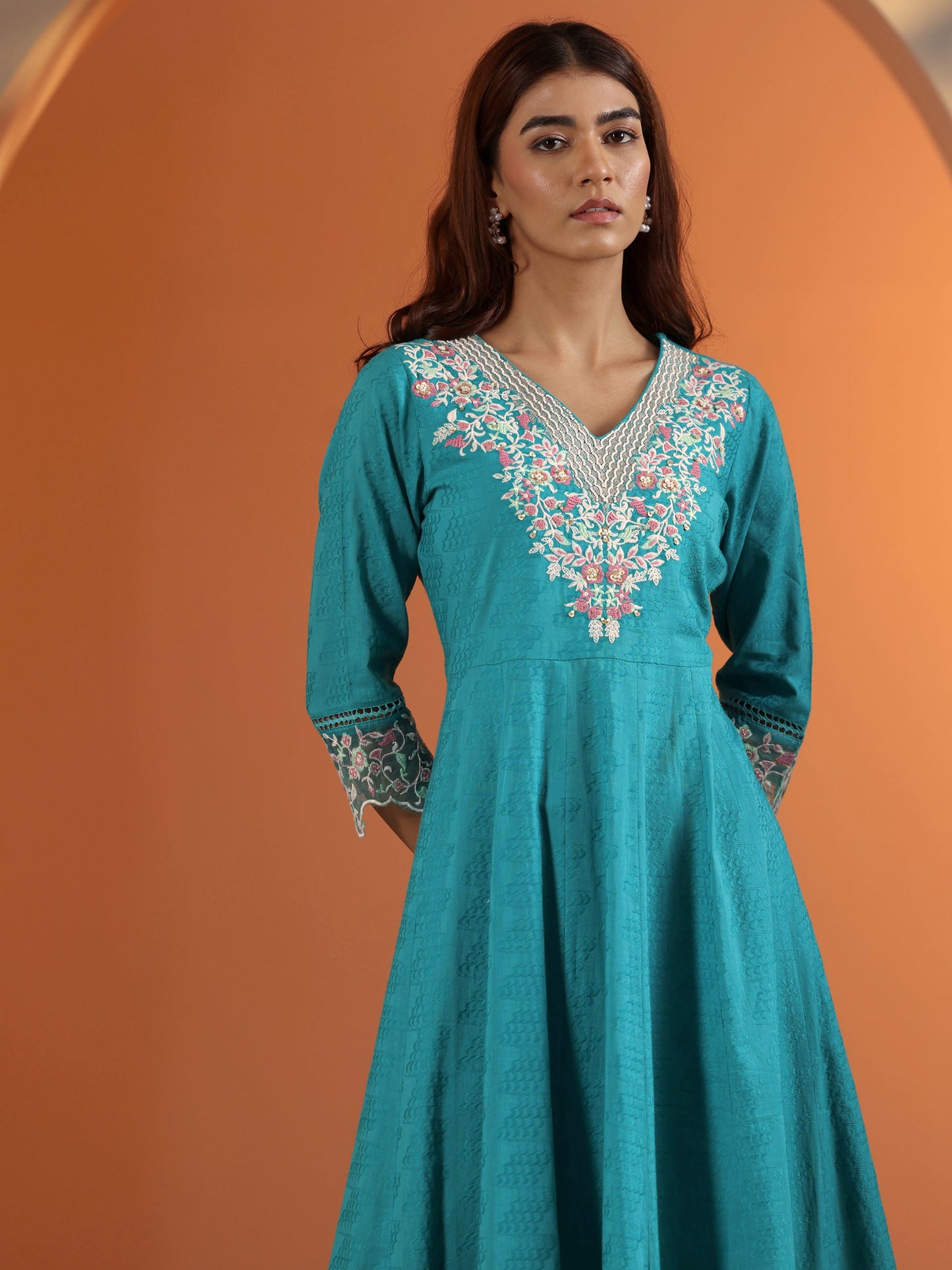 Blue Embroidered Cotton Anarkali Suit Set With Dupatta