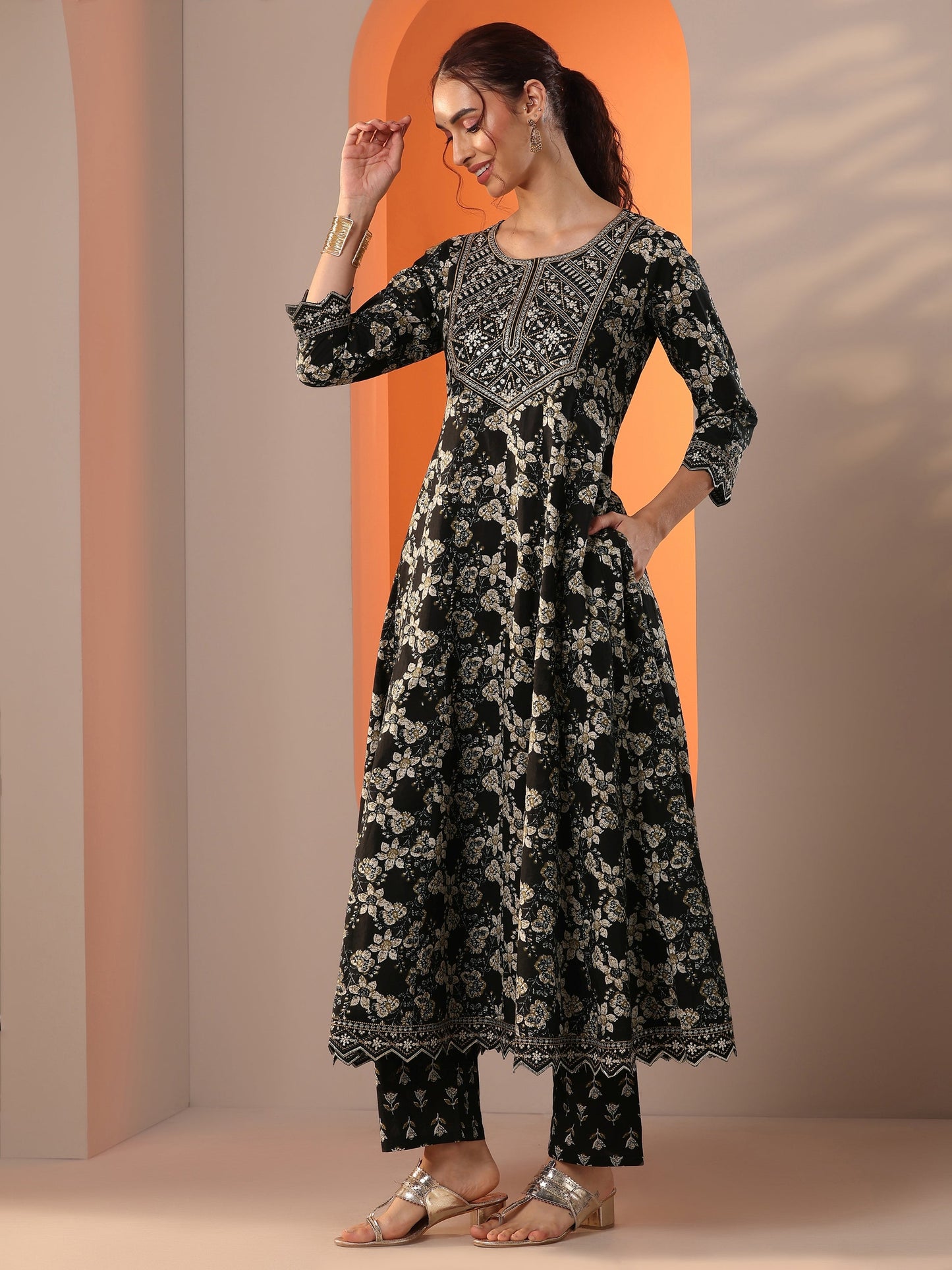 Black Printed Cotton Anarkali Suit Set With Dupatta