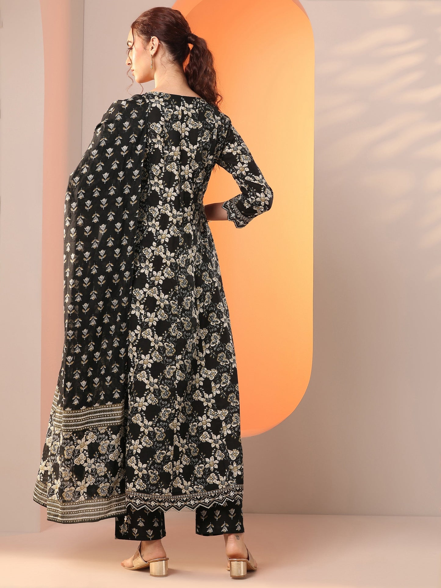 Black Printed Cotton Anarkali Suit Set With Dupatta