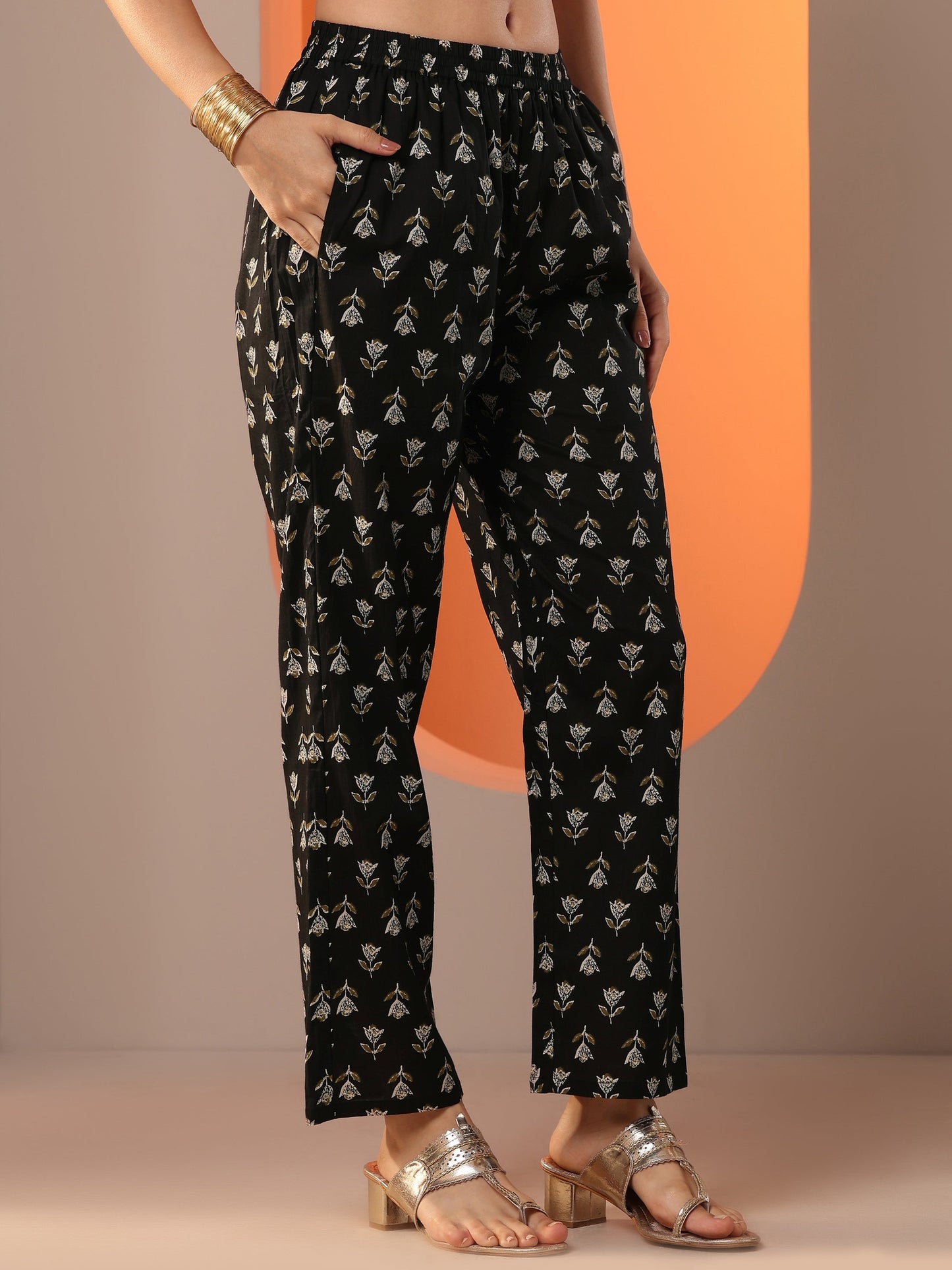 Black Printed Cotton Anarkali Suit Set With Dupatta