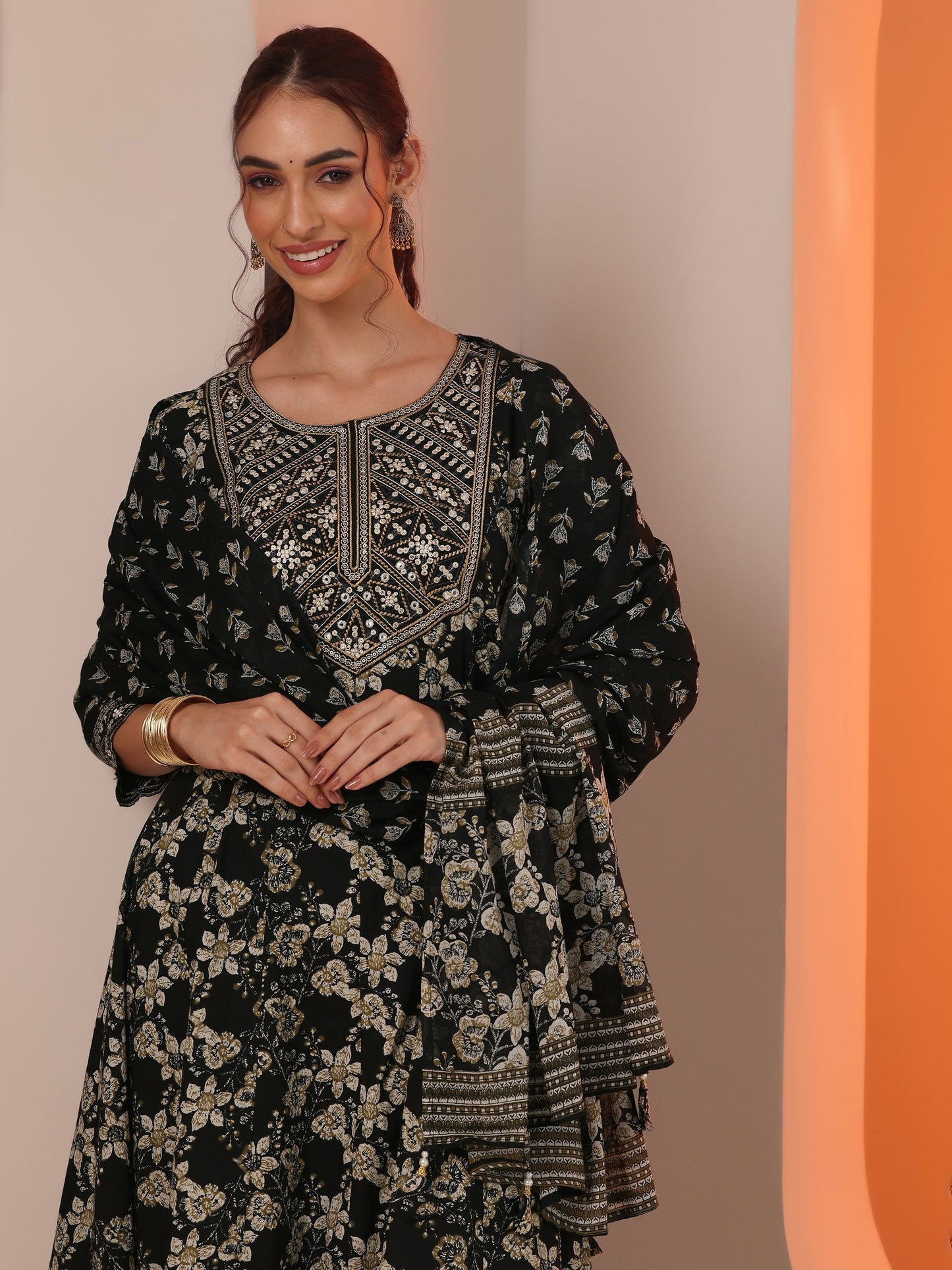 Black Printed Cotton Anarkali Suit Set With Dupatta