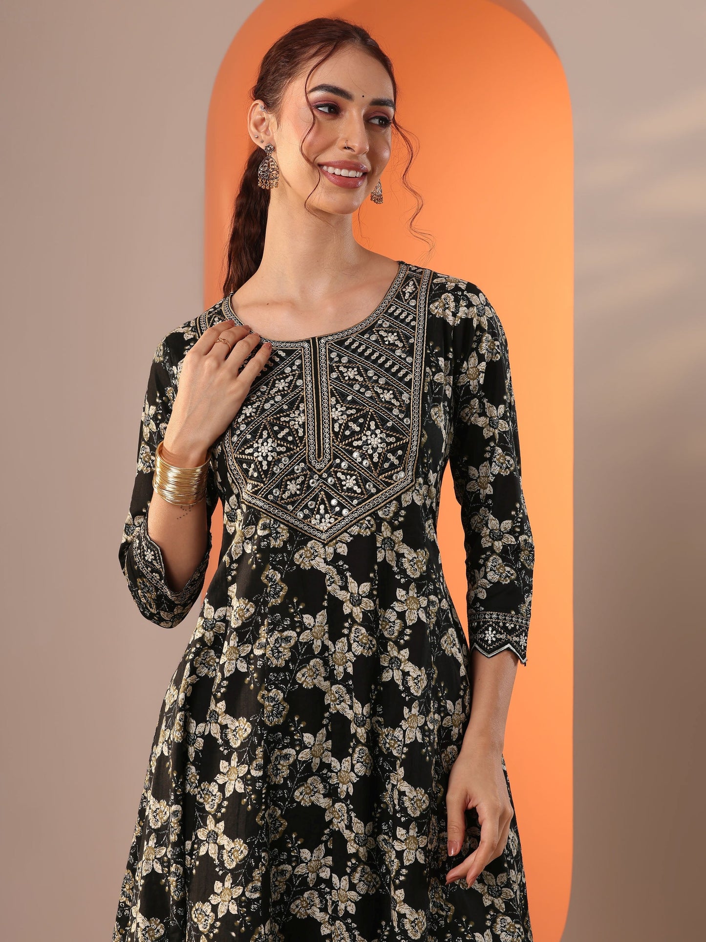 Black Printed Cotton Anarkali Suit Set With Dupatta