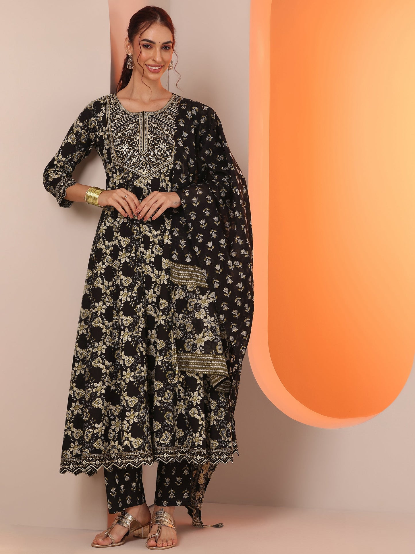 Black Printed Cotton Anarkali Suit Set With Dupatta