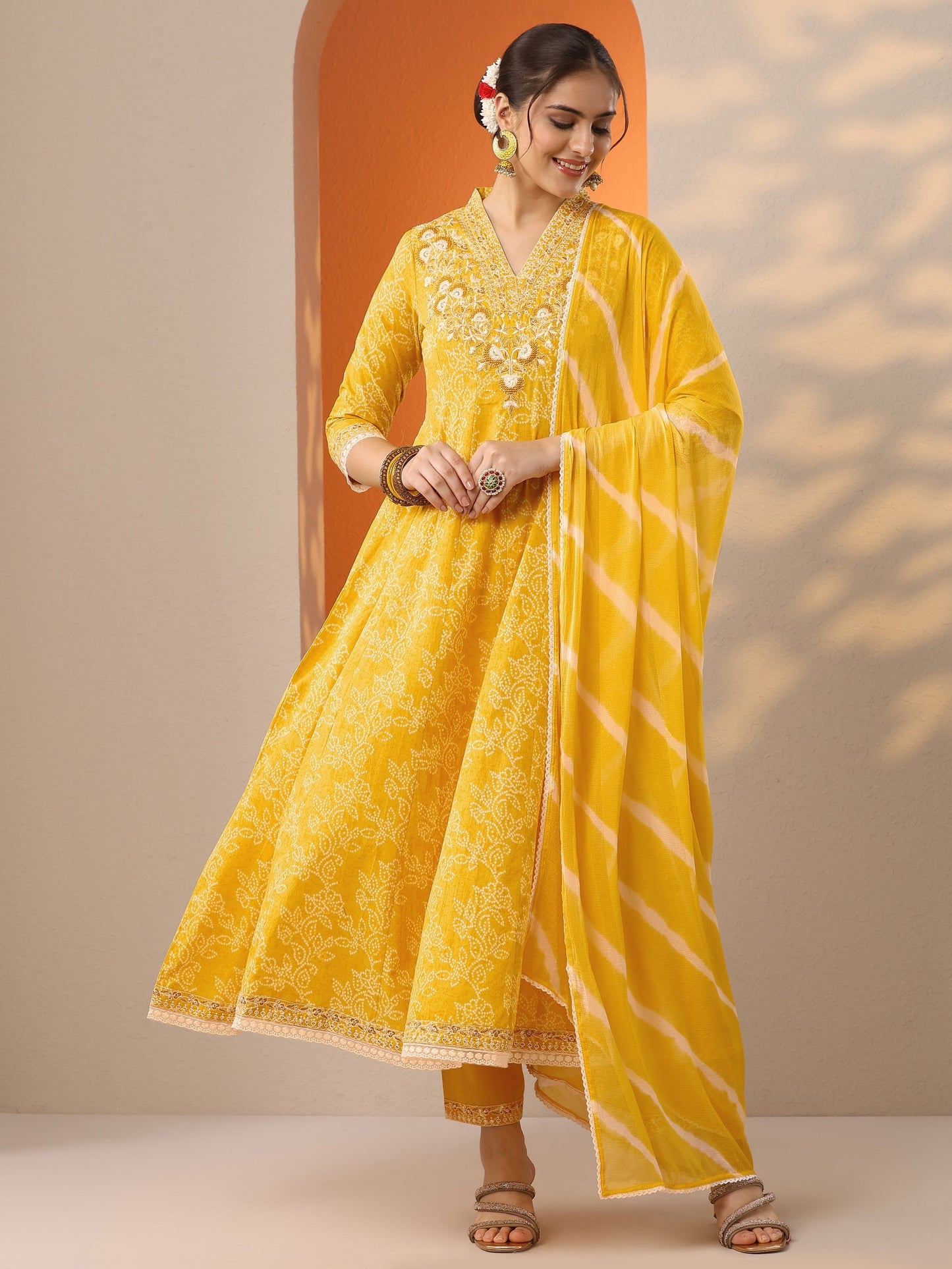Yellow Embroidered Cotton Anarkali Suit Set With Dupatta