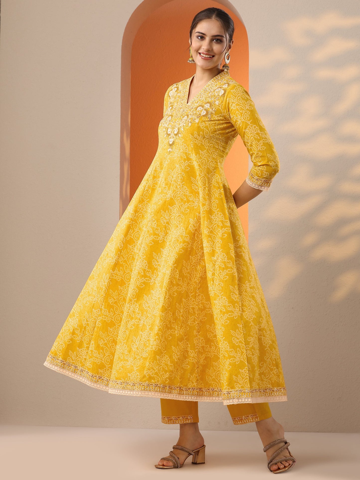 Yellow Embroidered Cotton Anarkali Suit Set With Dupatta