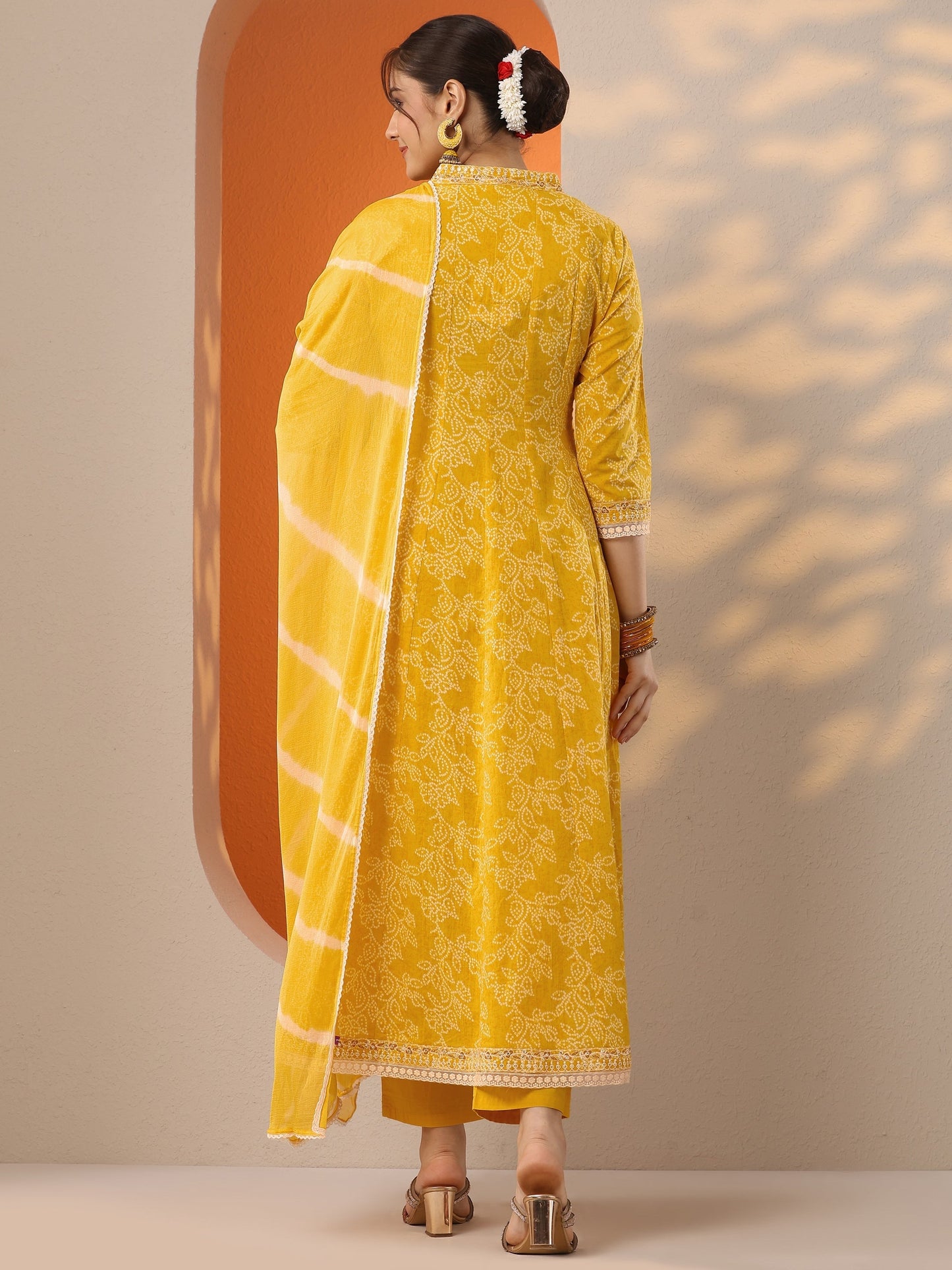 Yellow Embroidered Cotton Anarkali Suit Set With Dupatta