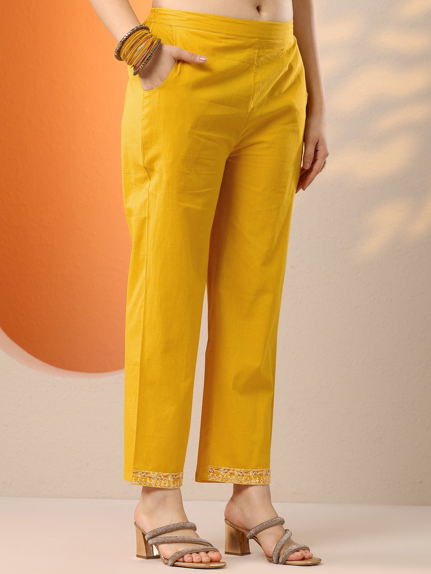 Yellow Embroidered Cotton Anarkali Suit Set With Dupatta