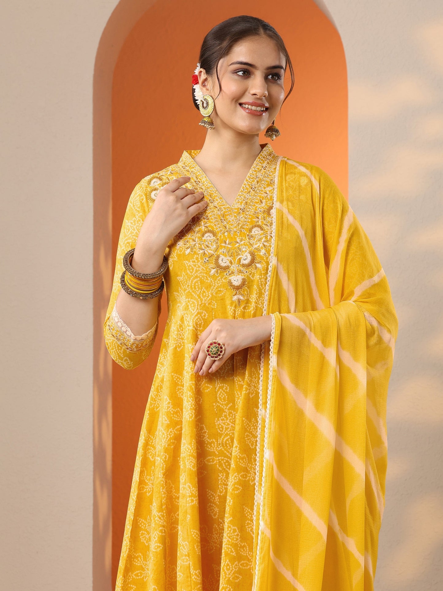 Yellow Embroidered Cotton Anarkali Suit Set With Dupatta