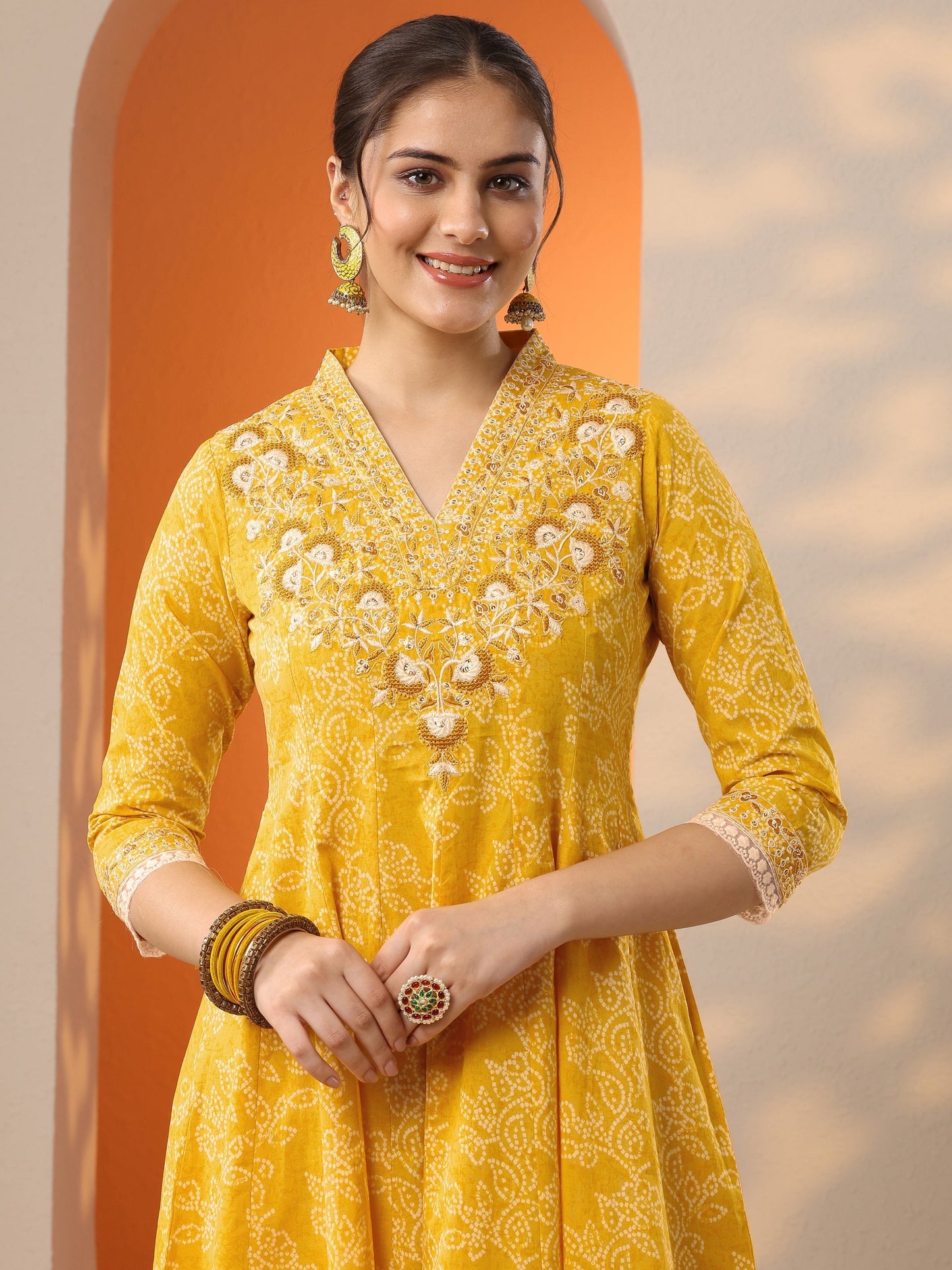 Yellow Embroidered Cotton Anarkali Suit Set With Dupatta