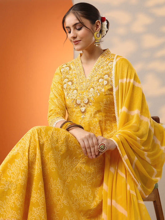 Yellow Embroidered Cotton Anarkali Suit Set With Dupatta