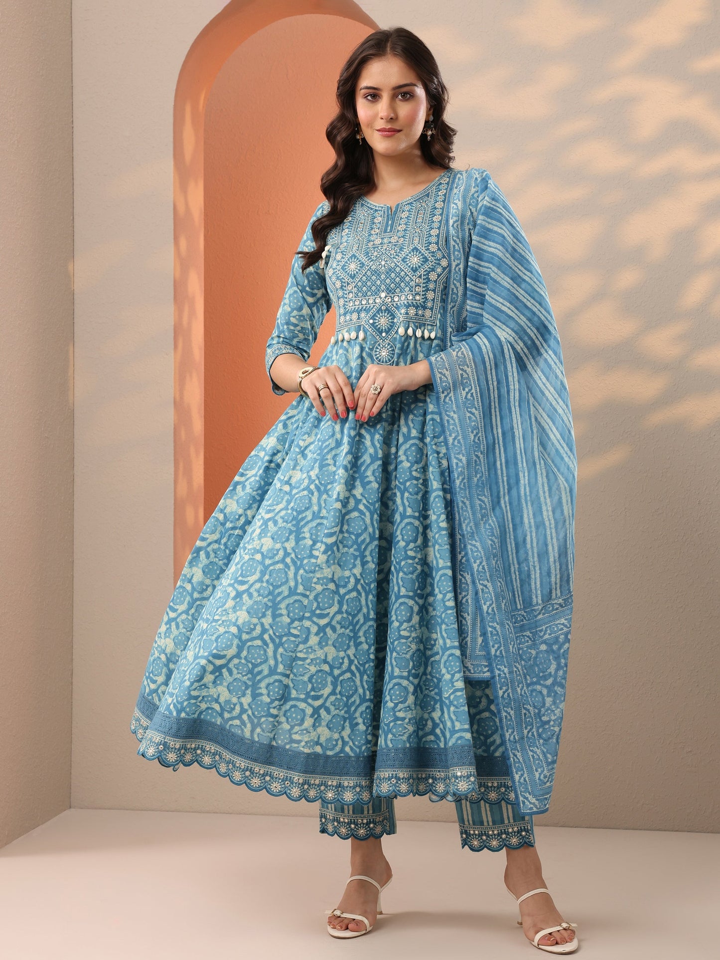 Blue Printed Cotton Anarkali Suit Set With Dupatta