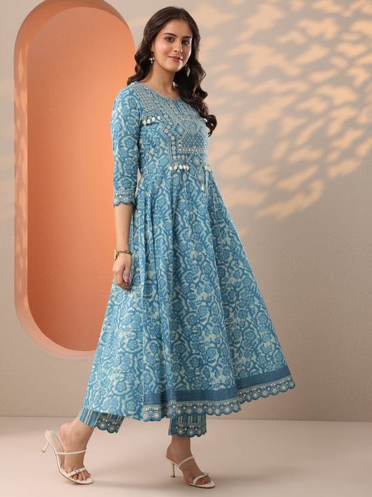Blue Printed Cotton Anarkali Suit Set With Dupatta