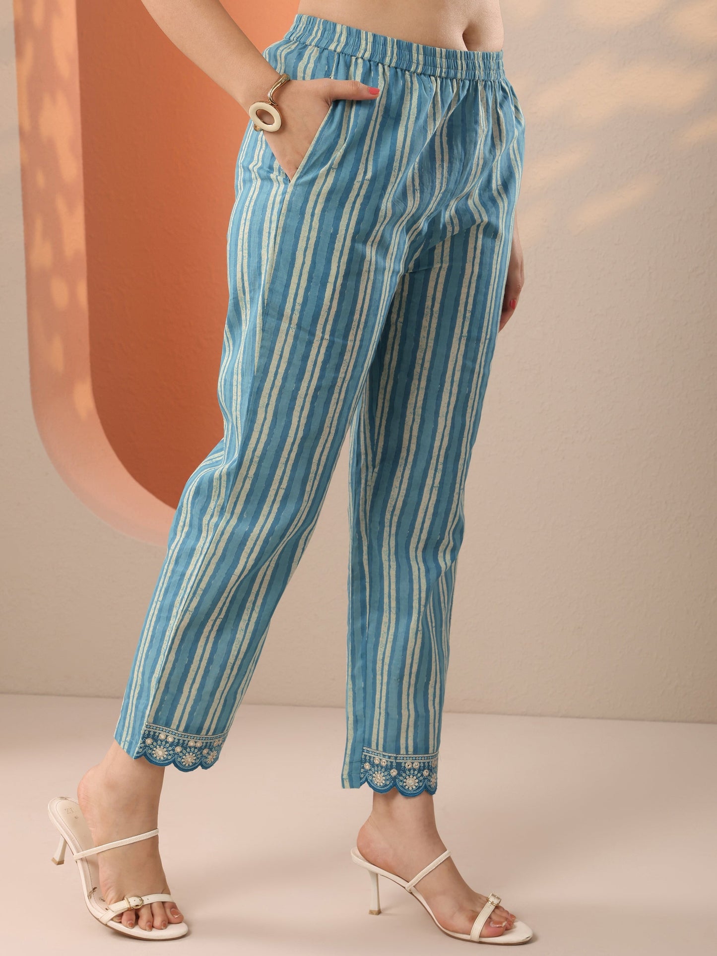 Blue Printed Cotton Anarkali Suit Set With Dupatta