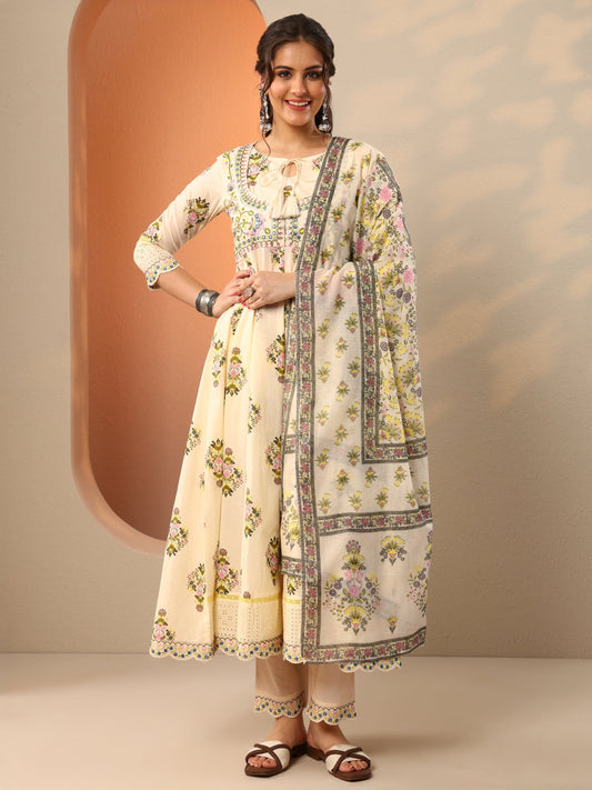 Off White Printed Cotton Anarkali Suit Set With Dupatta