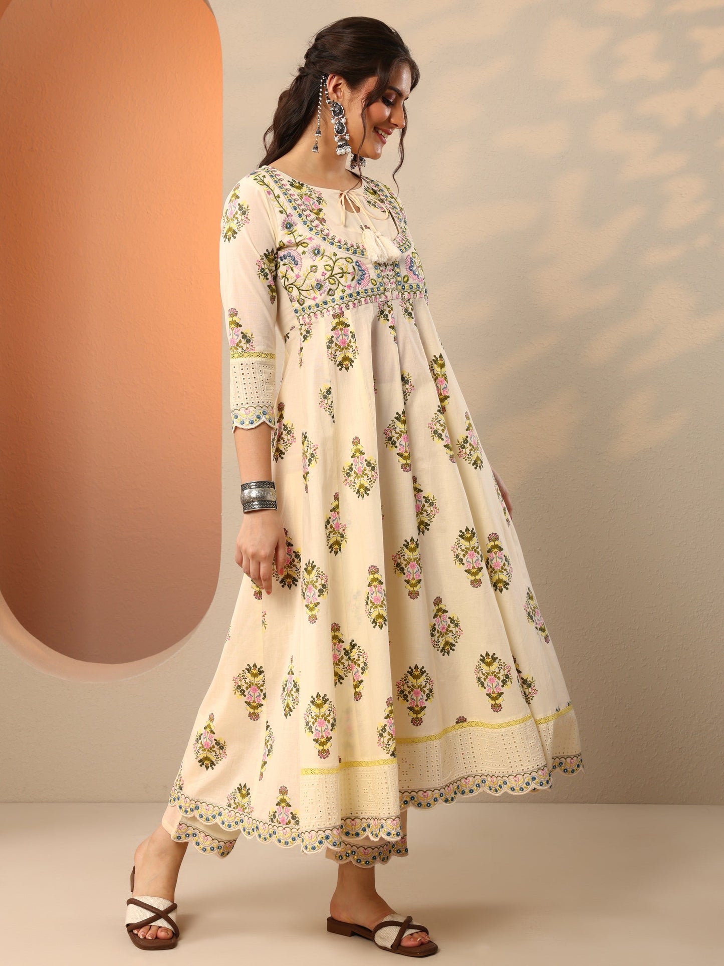 Off White Printed Cotton Anarkali Suit Set With Dupatta
