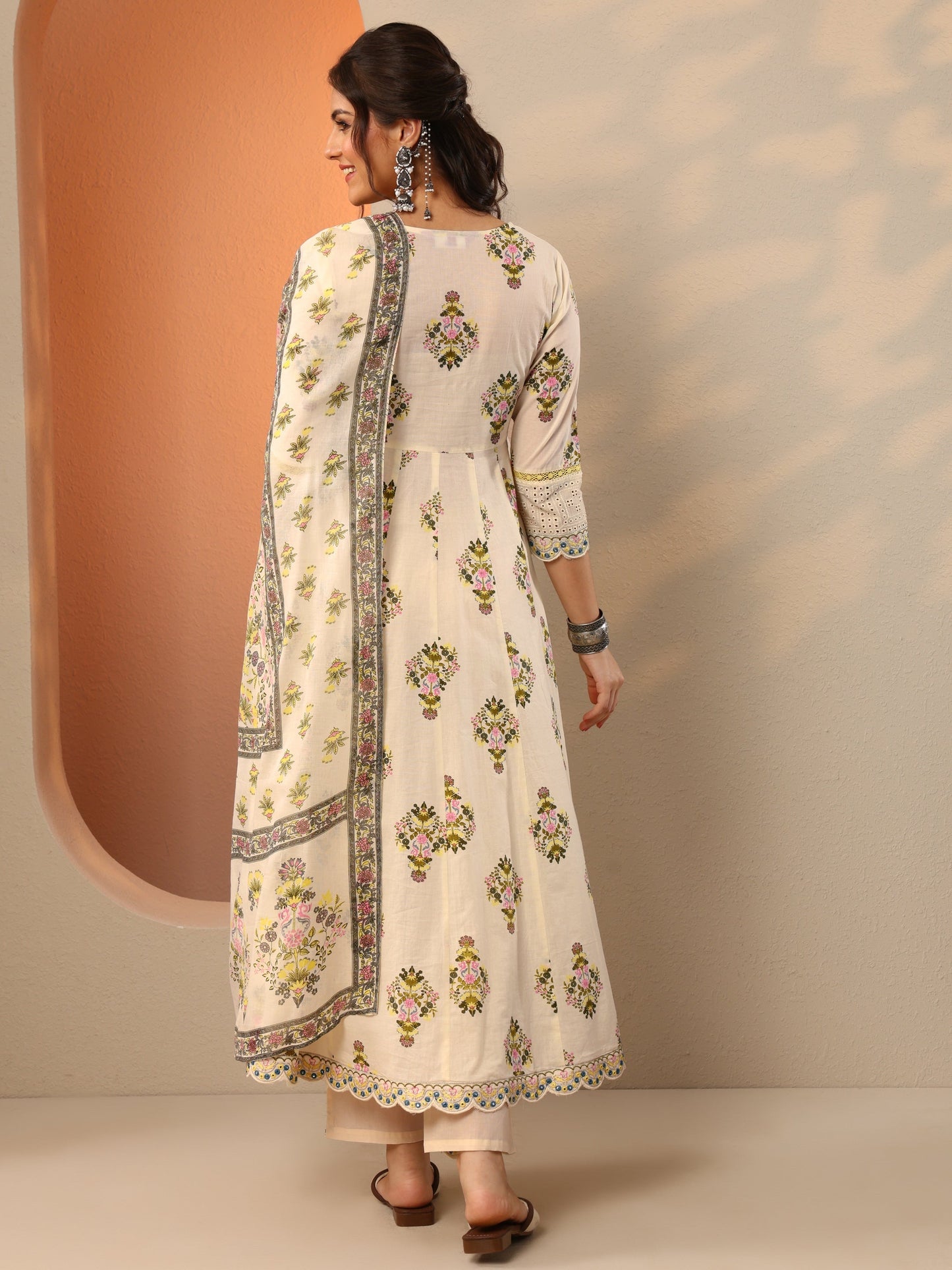 Off White Printed Cotton Anarkali Suit Set With Dupatta