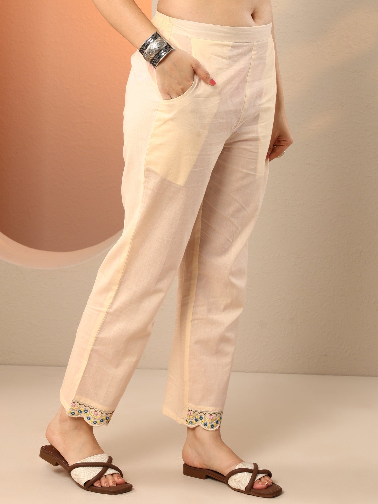 Off White Printed Cotton Anarkali Suit Set With Dupatta