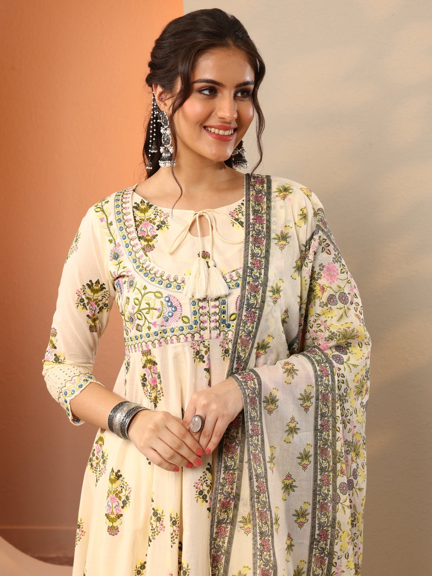 Off White Printed Cotton Anarkali Suit Set With Dupatta