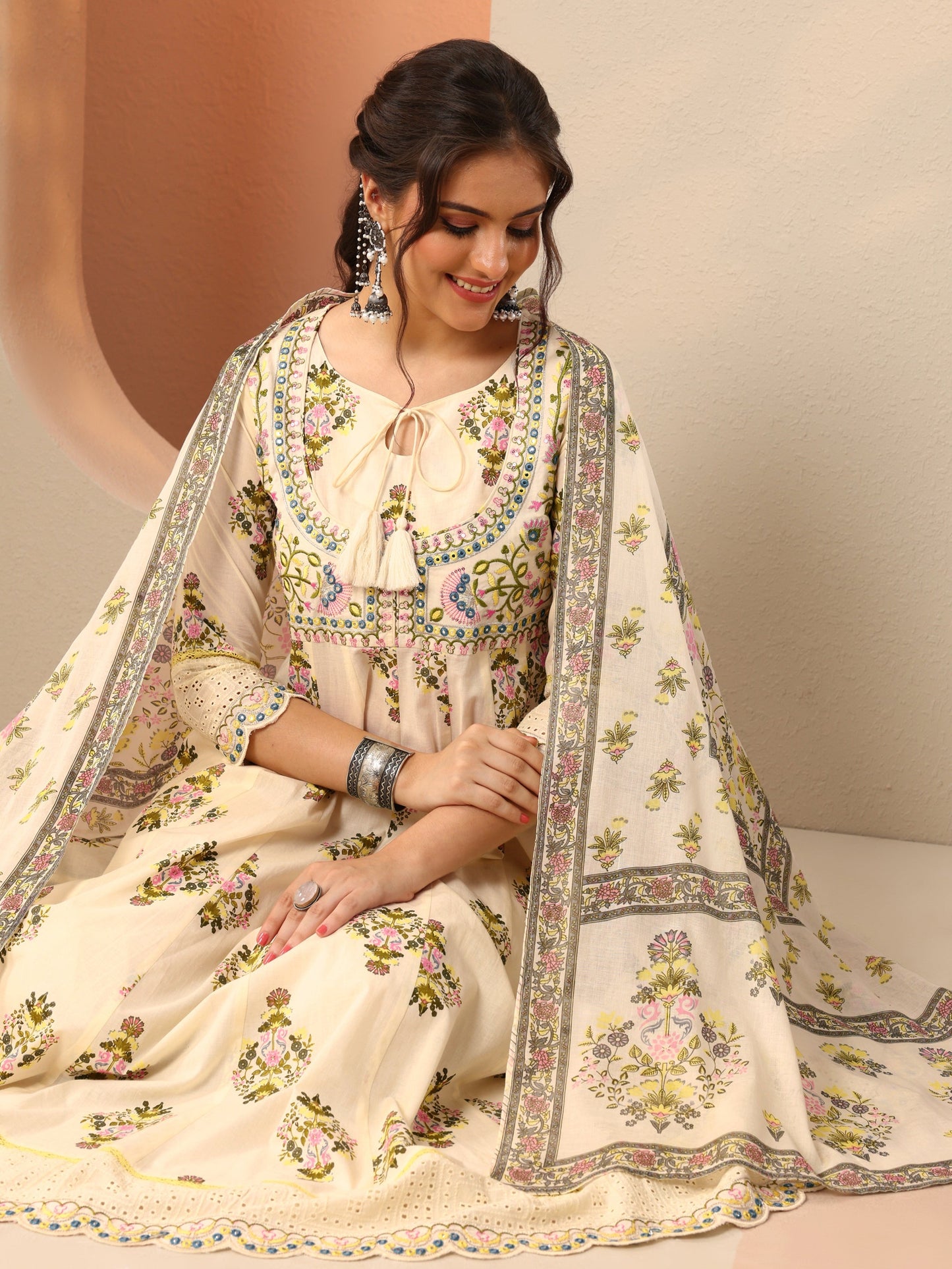 Off White Printed Cotton Anarkali Suit Set With Dupatta