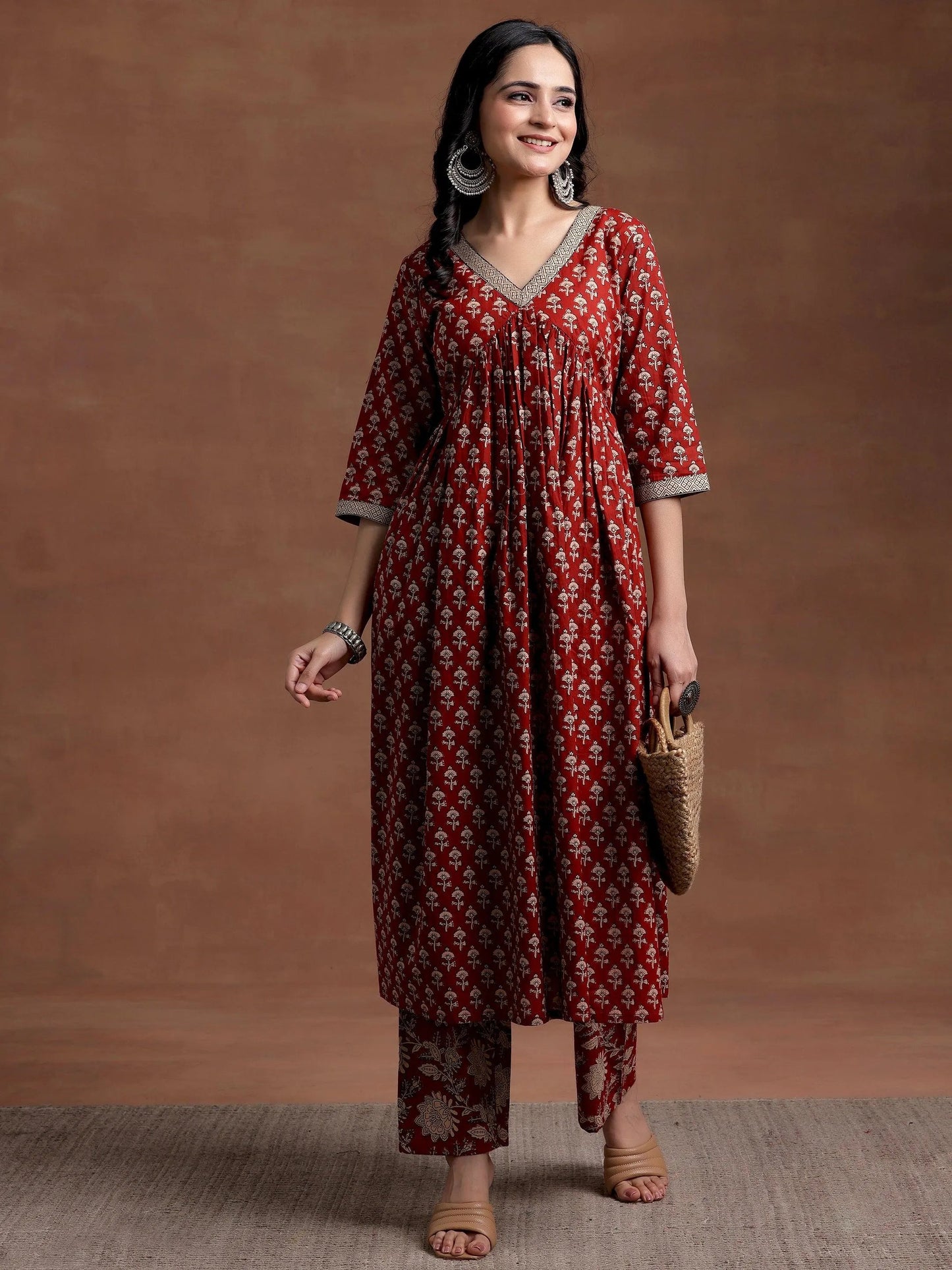 Rust Printed Cotton A-Line Kurta With Palazzos