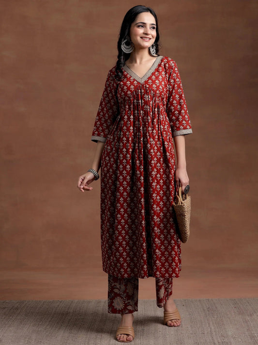Rust Printed Cotton A-Line Kurta With Palazzos