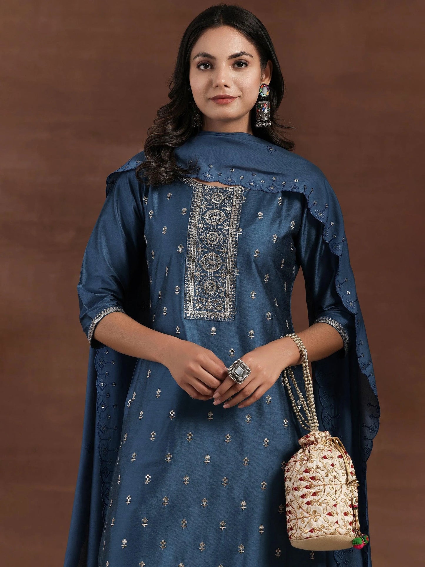 Blue Embroidered Silk Blend Straight Suit With Dupatta