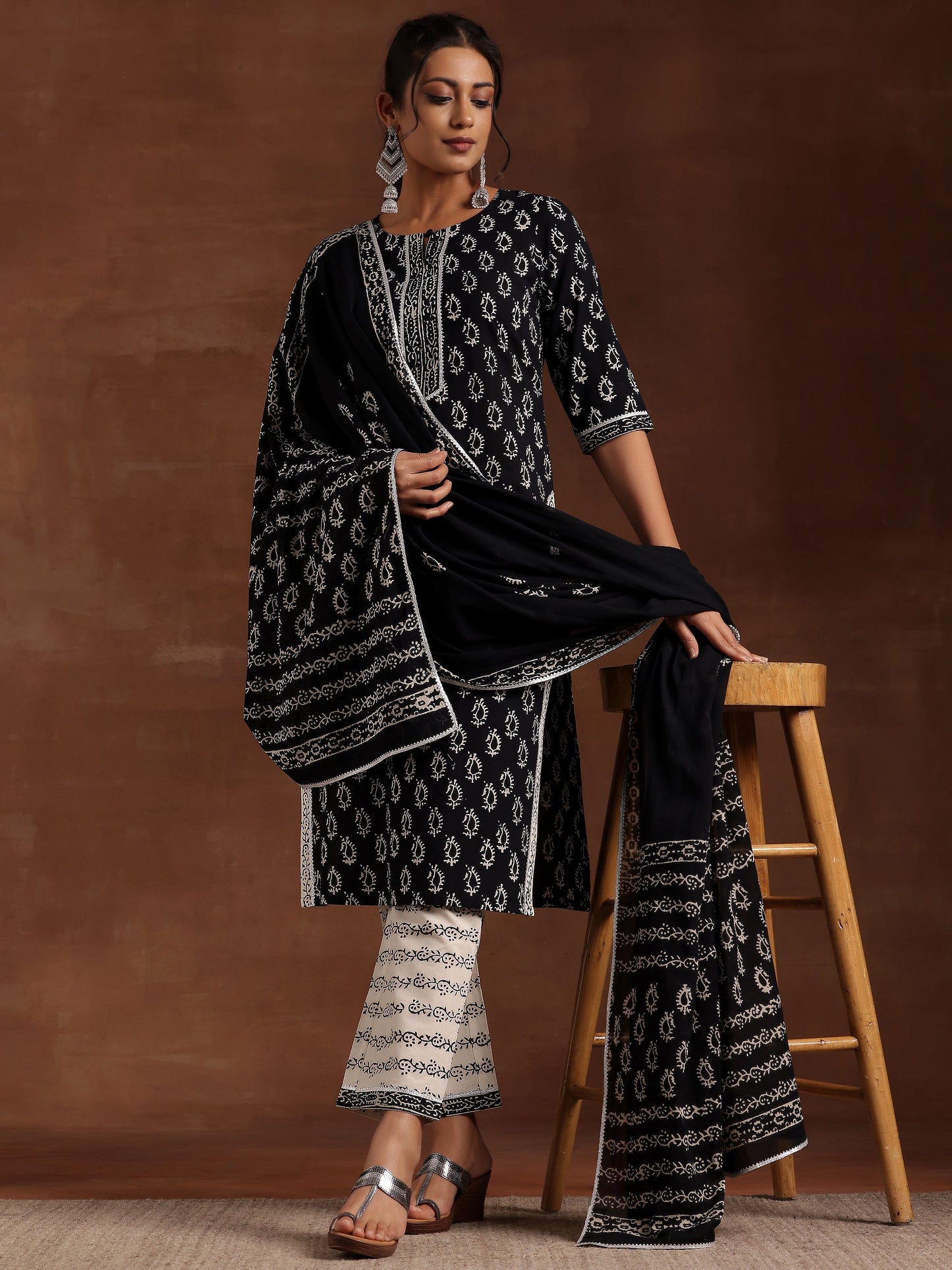 Black Printed Cotton Straight Suit With Dupatta