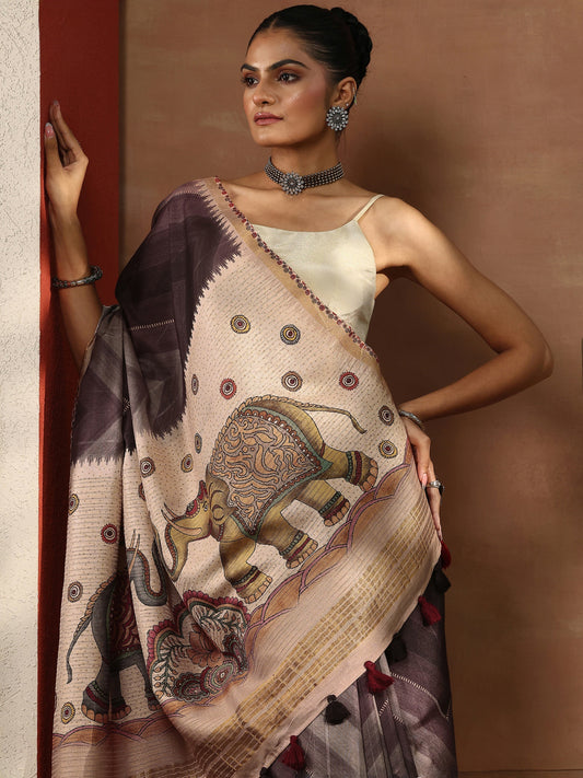 Brown Printed Silk Blend Sarees With Unstitched Blouse Piece