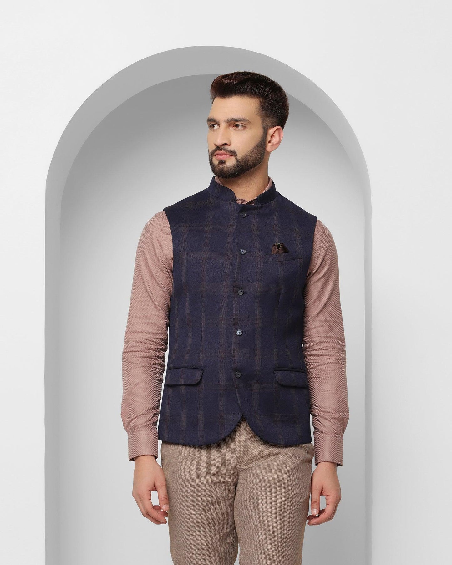 Bandhgala Formal Dark Blue Check Waistcoat - Alfredo