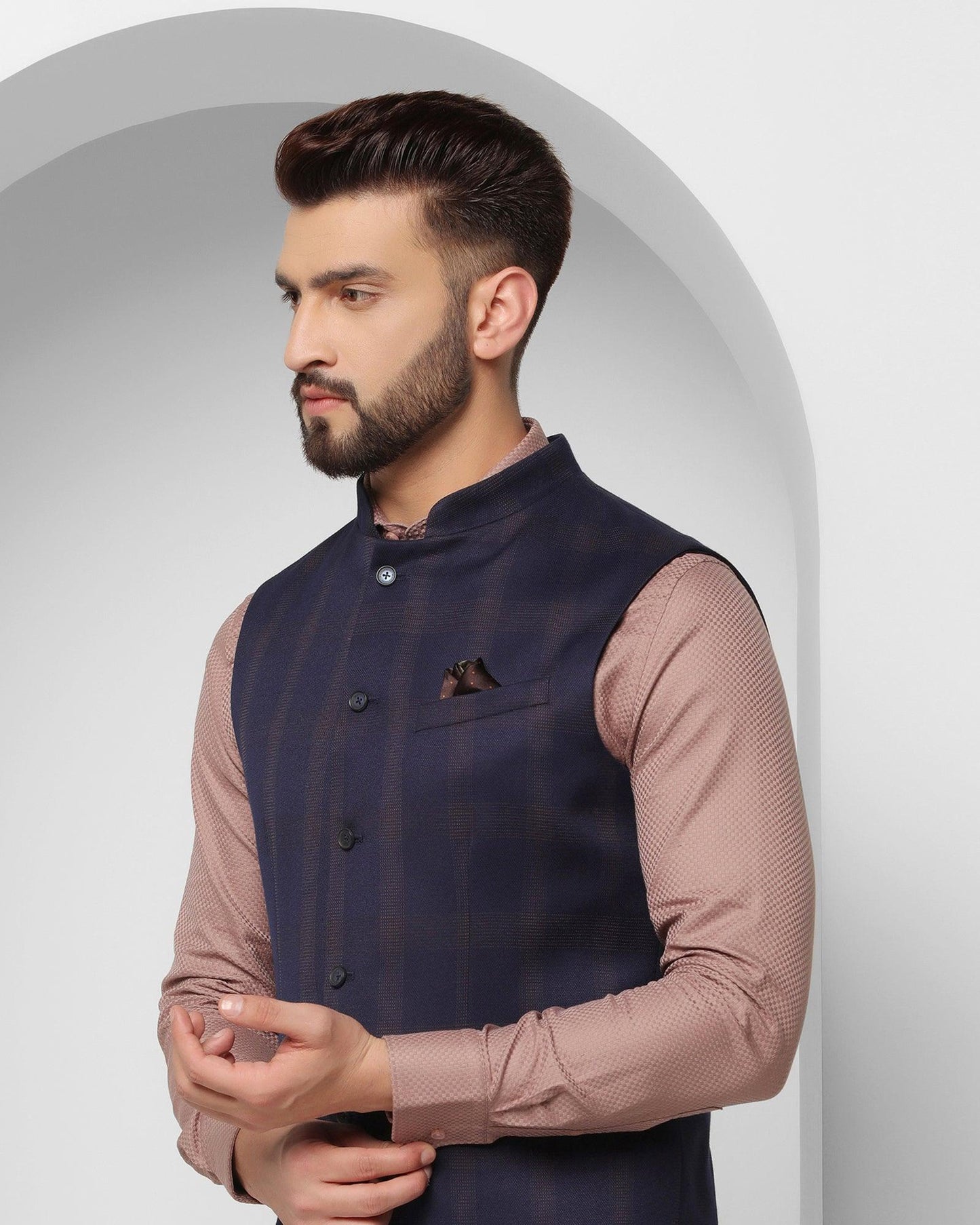 Bandhgala Formal Dark Blue Check Waistcoat - Alfredo