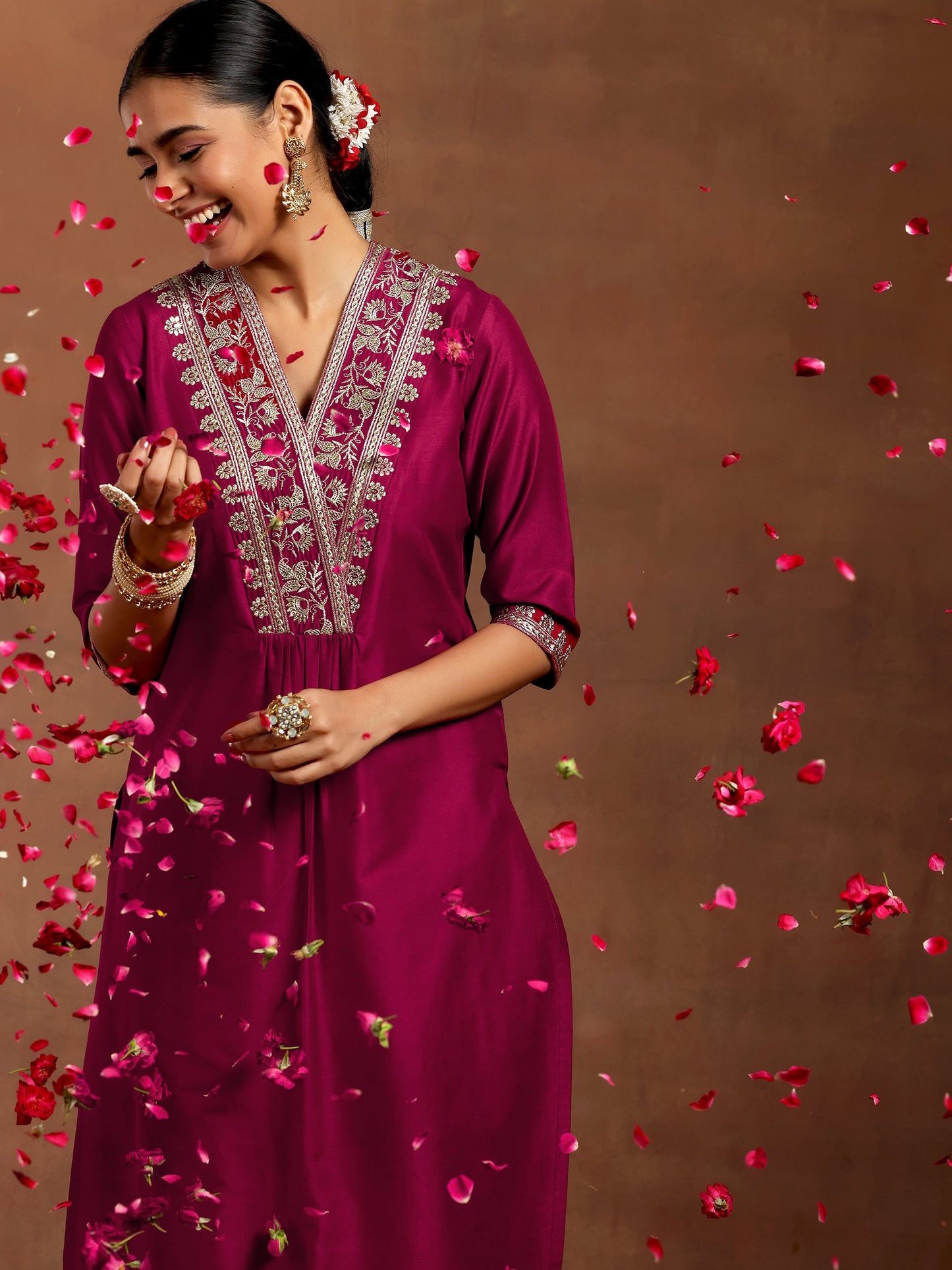 Maroon Yoke Design Silk Straight Kurta