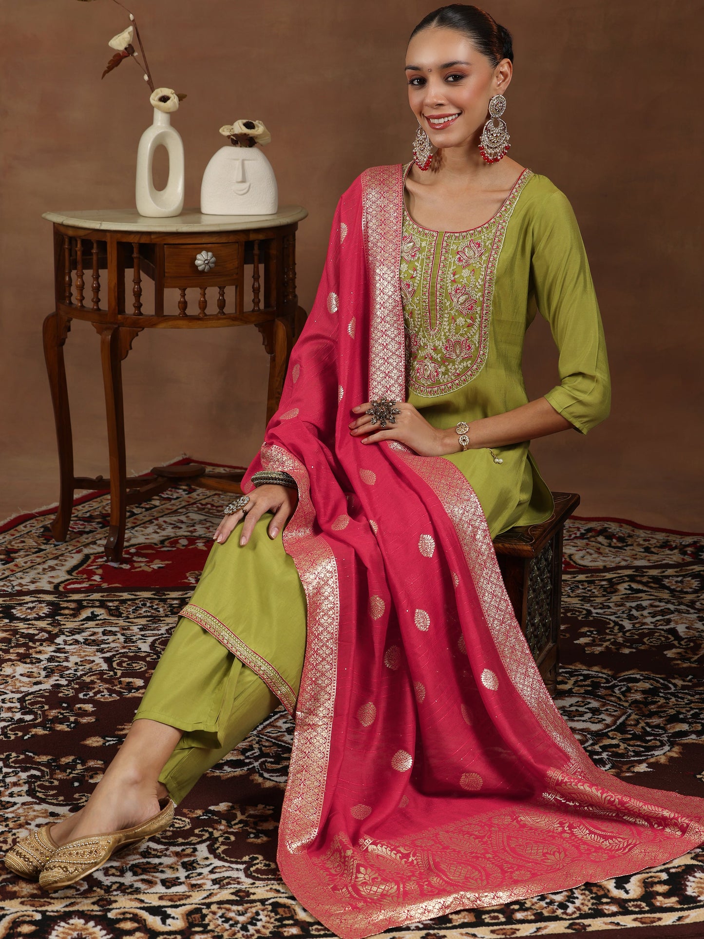 Green Yoke Design Silk Blend Straight Suit With Dupatta