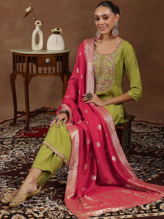 Green Yoke Design Silk Blend Straight Suit With Dupatta