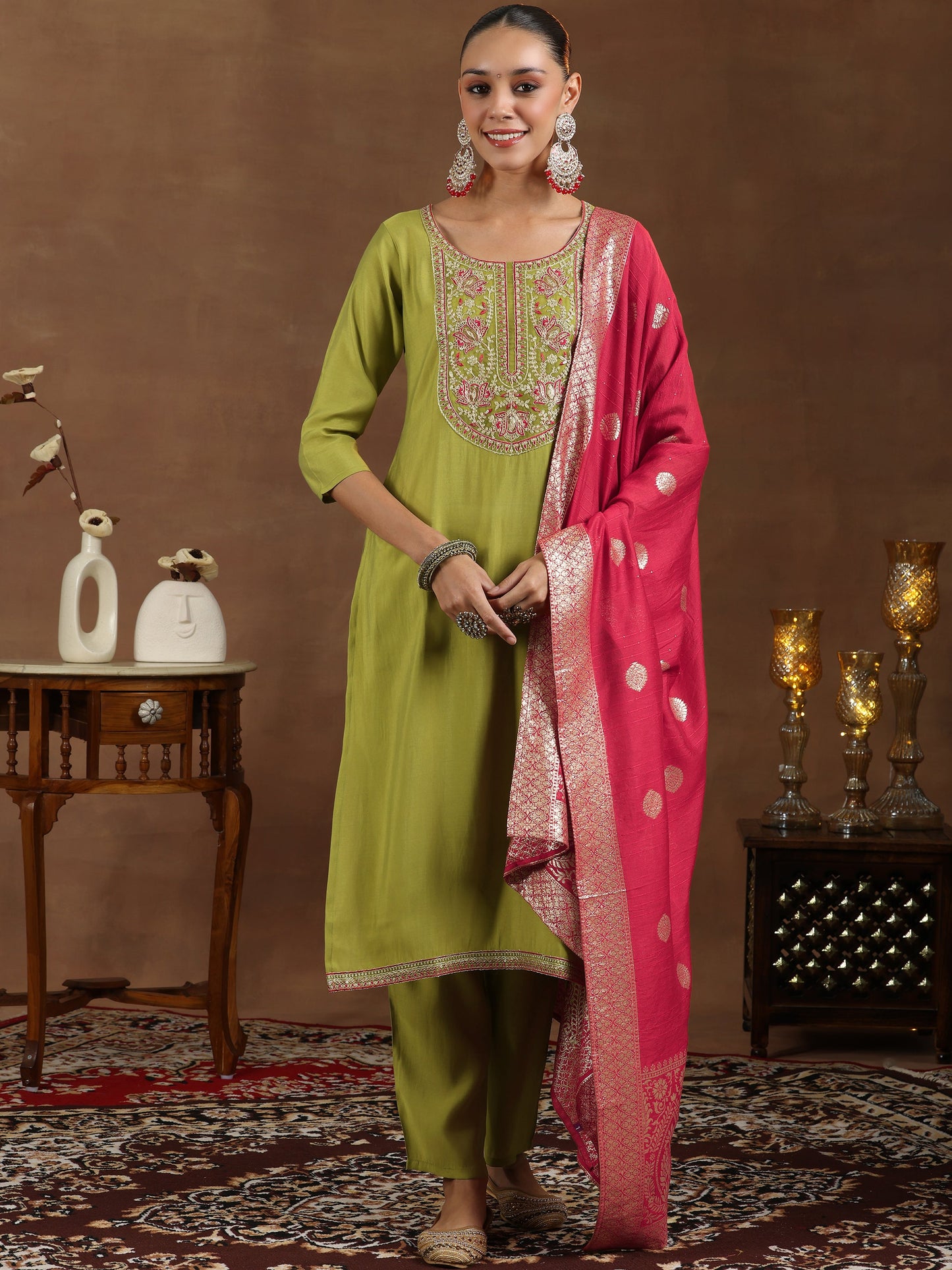 Green Yoke Design Silk Blend Straight Suit With Dupatta