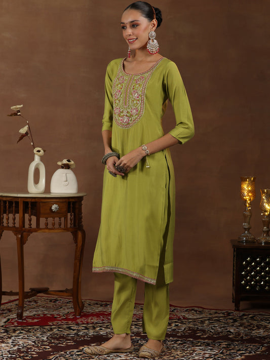 Green Yoke Design Silk Blend Straight Suit With Dupatta