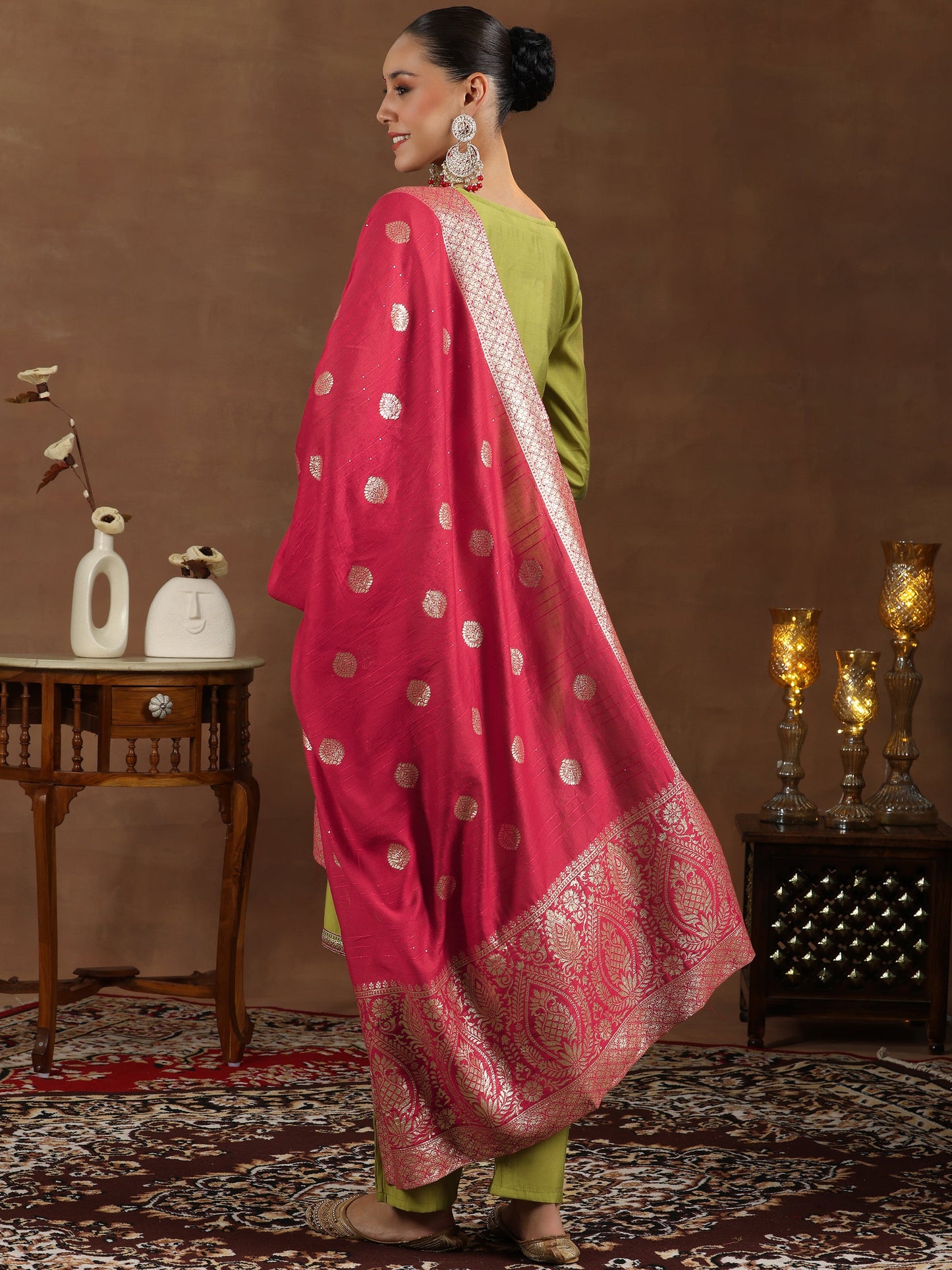 Green Yoke Design Silk Blend Straight Suit With Dupatta