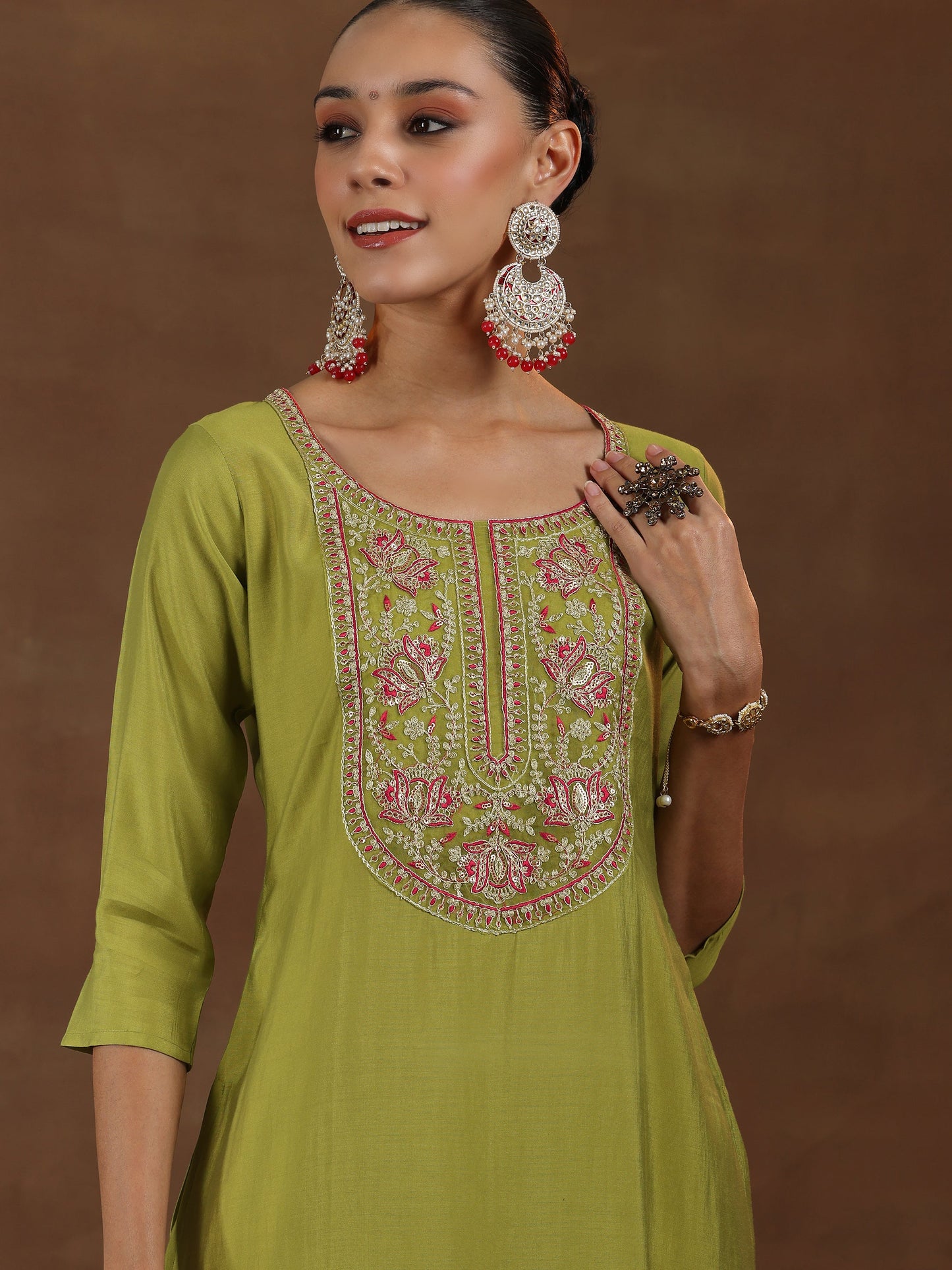 Green Yoke Design Silk Blend Straight Suit With Dupatta