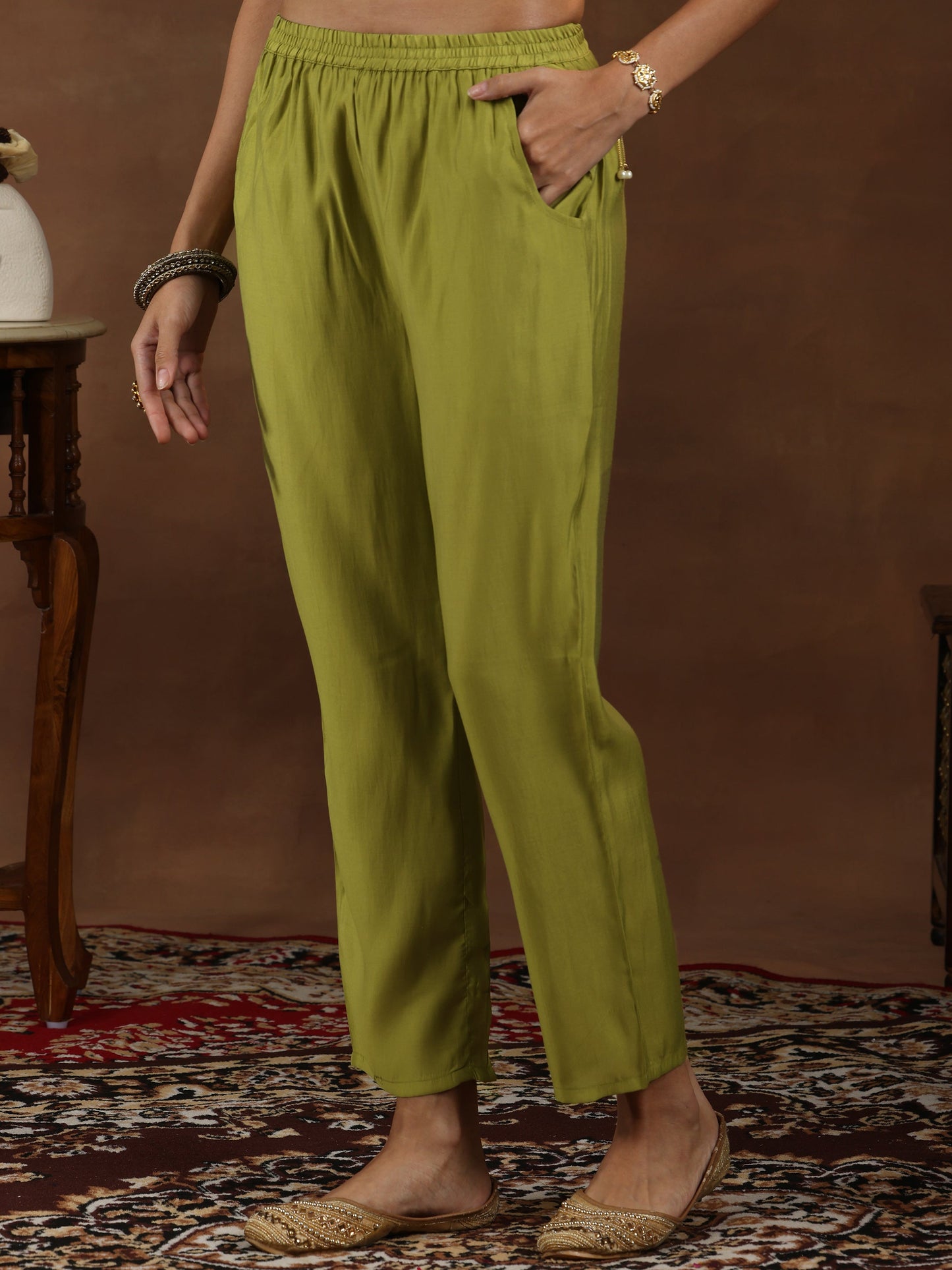 Green Yoke Design Silk Blend Straight Suit With Dupatta